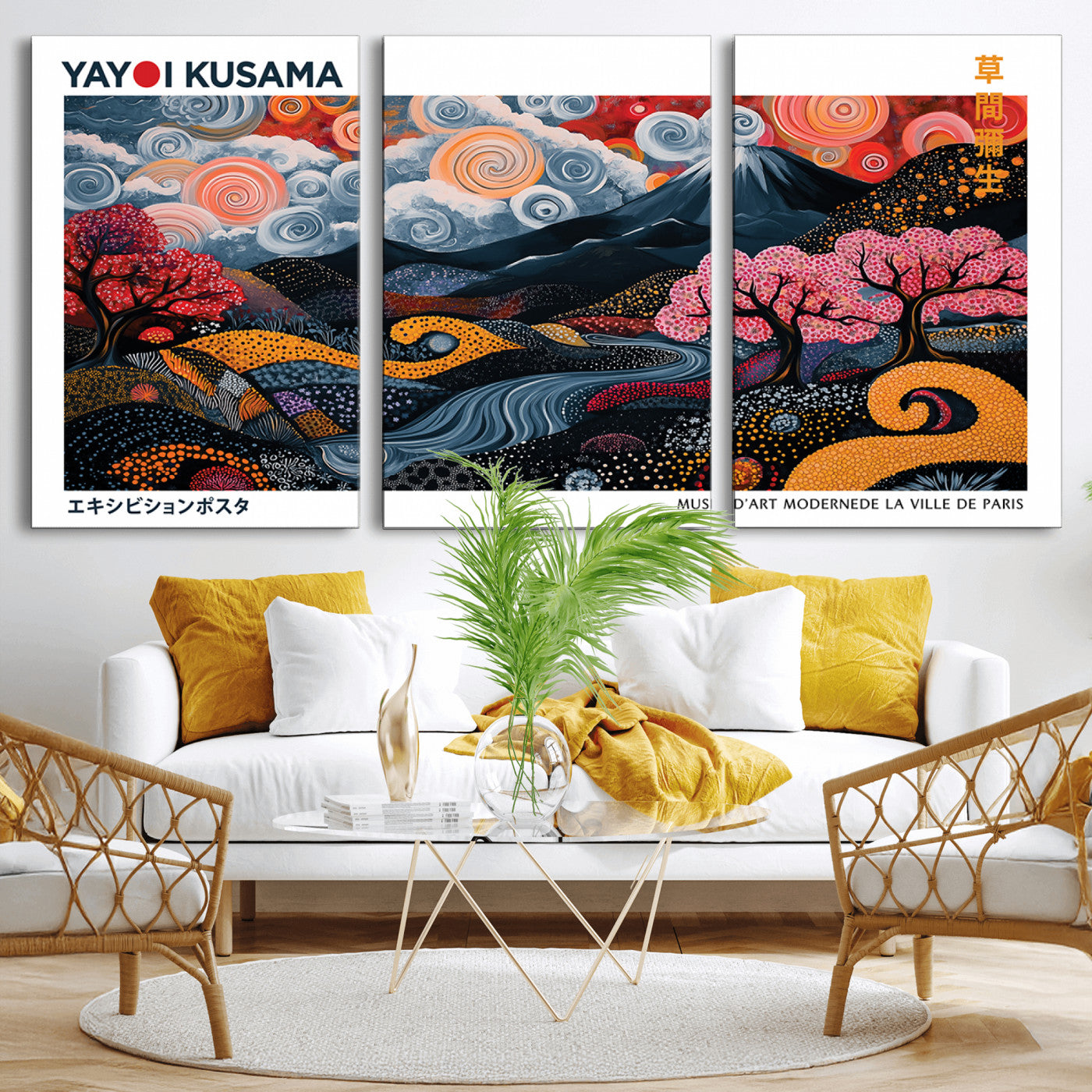 43879290-MGV-CV-36X24-Modern Japanese Wall Art Canvas Print – Framed Abstract Mount Fuji Scene with Yayoi Kusama Artwork for Home, Office
