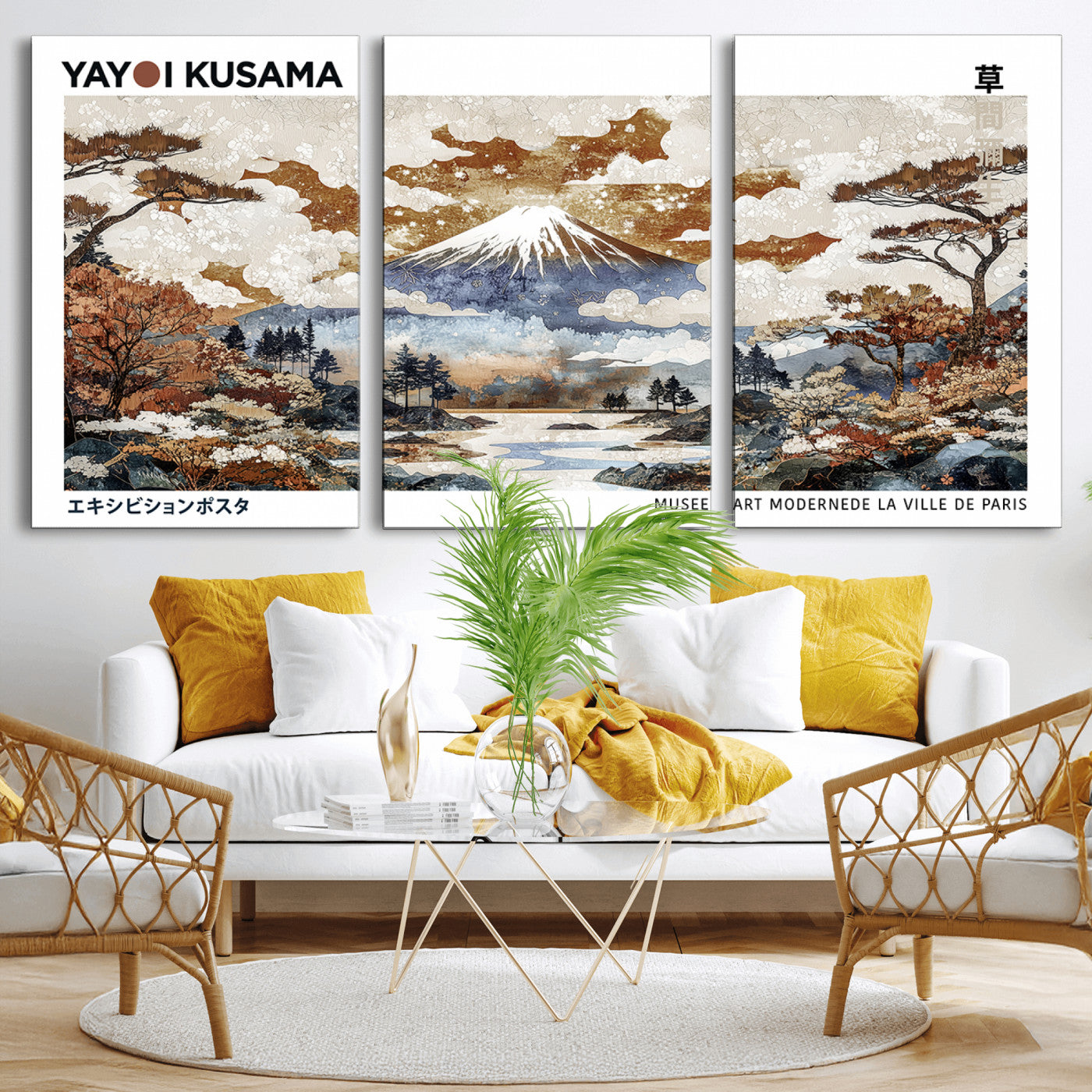 80111817-MGV-CV-36X24-Modern Japanese Wall Art Canvas Print – Framed Abstract Mount Fuji Scene with Yayoi Kusama Artwork for Home, Office