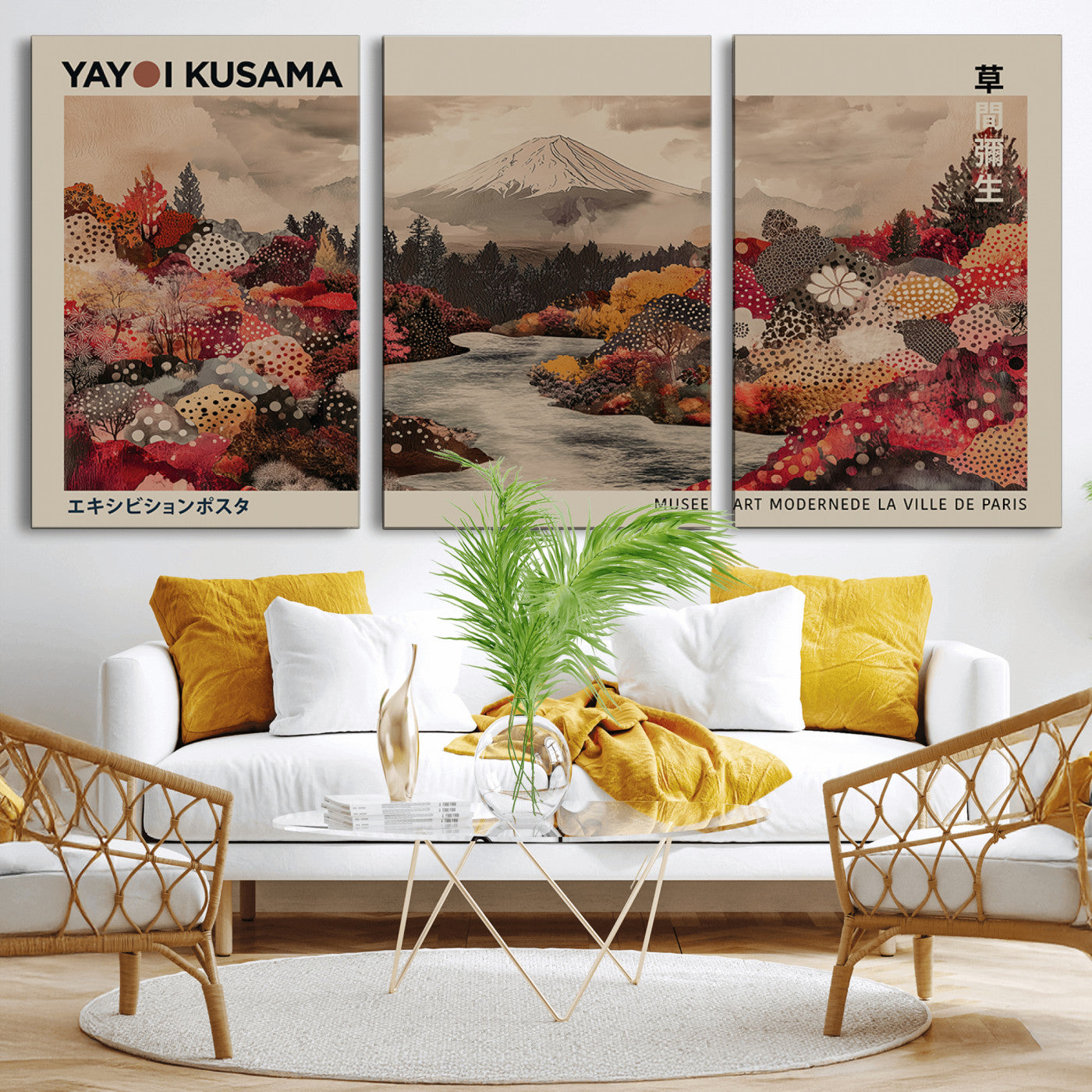90660838-MGV-CV-36X24-Modern Japanese Wall Art Canvas Print – Framed Abstract Mount Fuji Scene with Yayoi Kusama Artwork for Home, Office