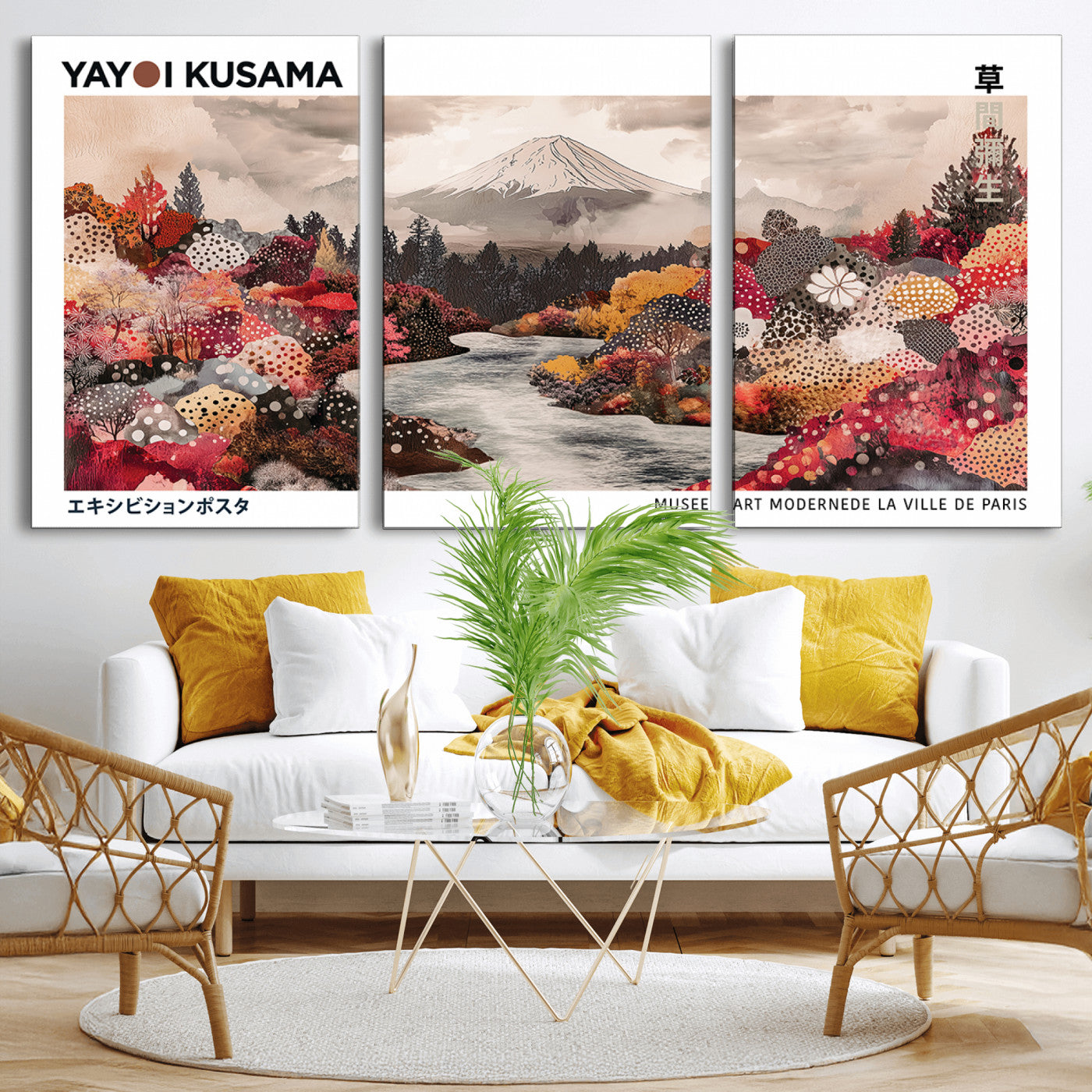 32352074-MGV-CV-36X24-Modern Japanese Wall Art Canvas Print – Framed Abstract Mount Fuji Scene with Yayoi Kusama Artwork for Home, Office