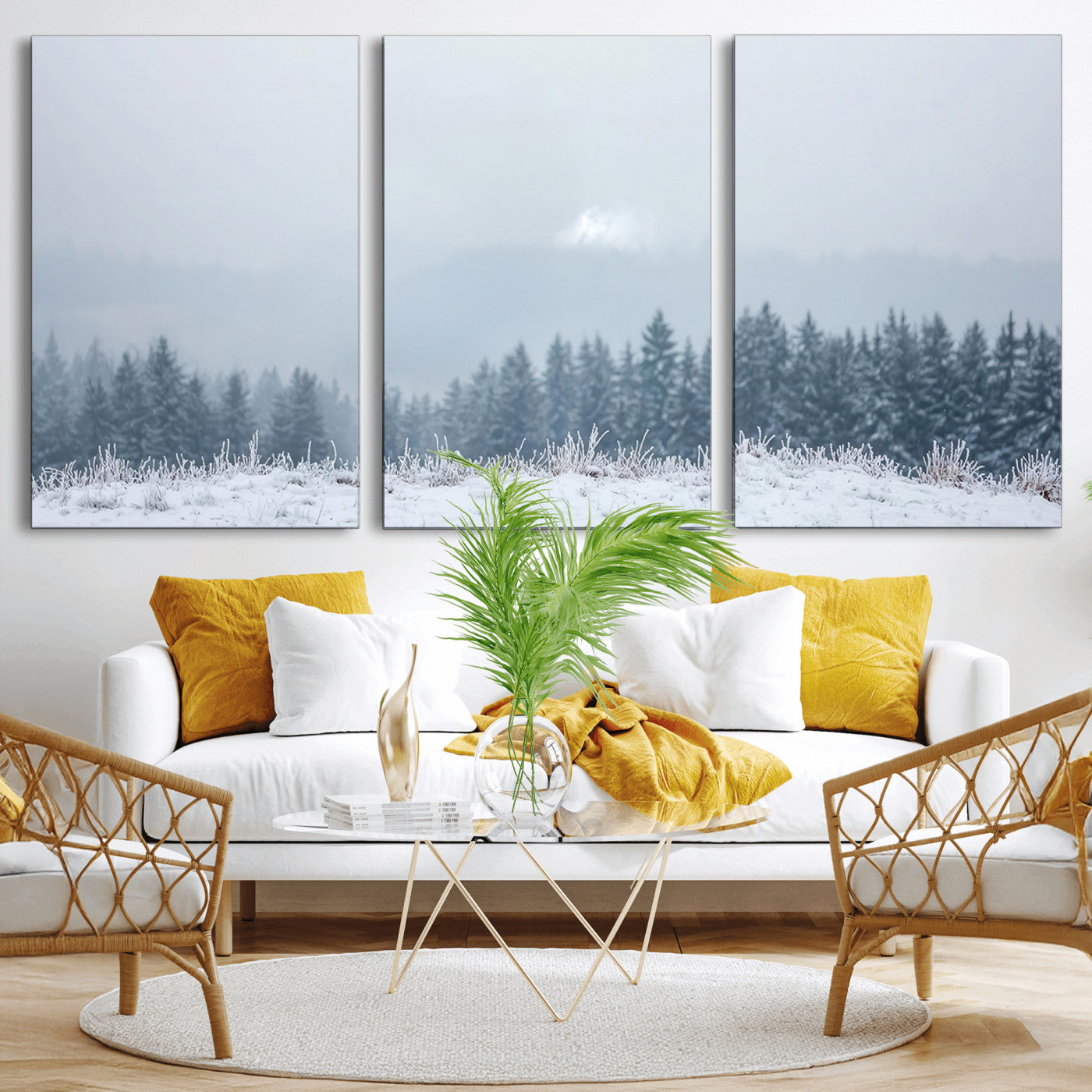 33033082-MGV-CV-36X24-Winter Forest Wall Art Canvas Print – Framed Snowy Landscape Art Picture Misty Tree Scene Artwork for Home Office