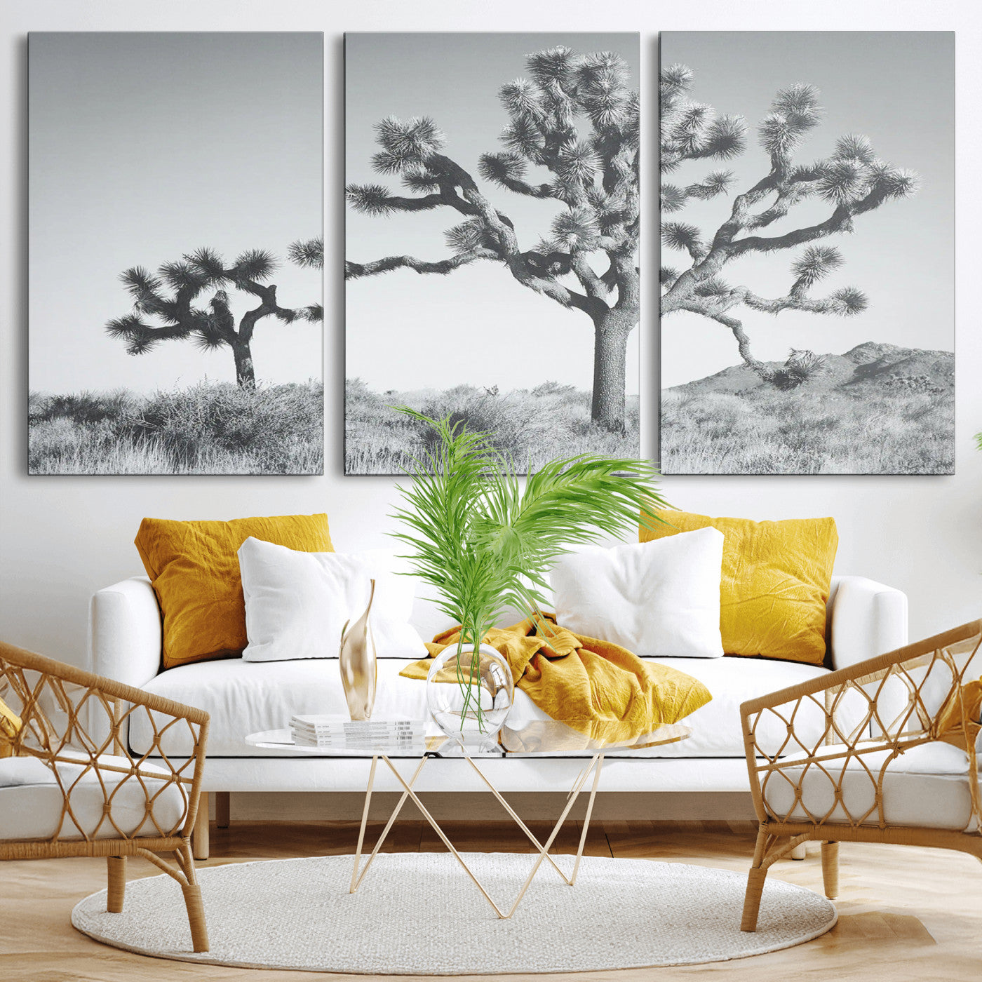 58647785-MGV-CV-36X24-Joshua Trees Wall Art Canvas Print – Framed Black White Desert Landscape Dry Grass Hills Tranquil Artwork for Home Office