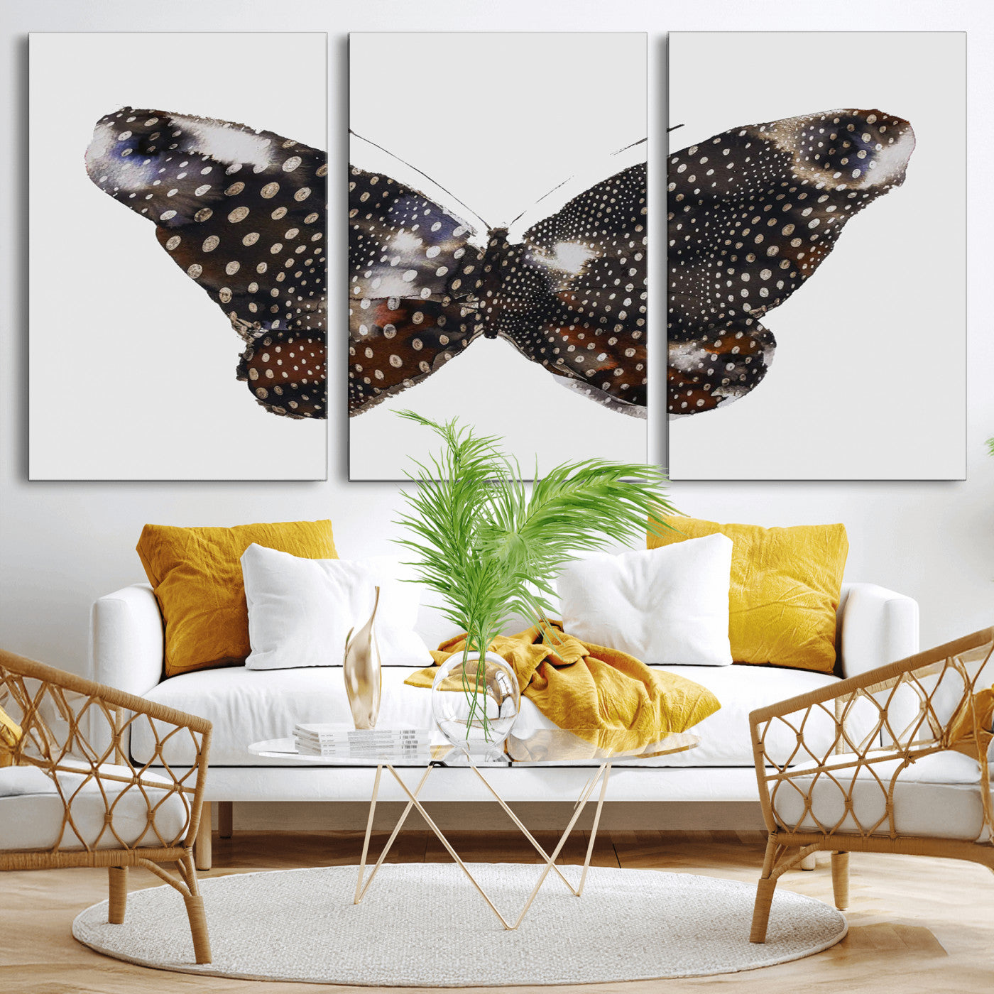 99831147-MGV-CV-60X30-3P-Spotted Butterfly Wall Art Canvas Print – Framed Neutral Insect Earthy Wing Pattern Modern Rustic Nature Artwork for Home Office