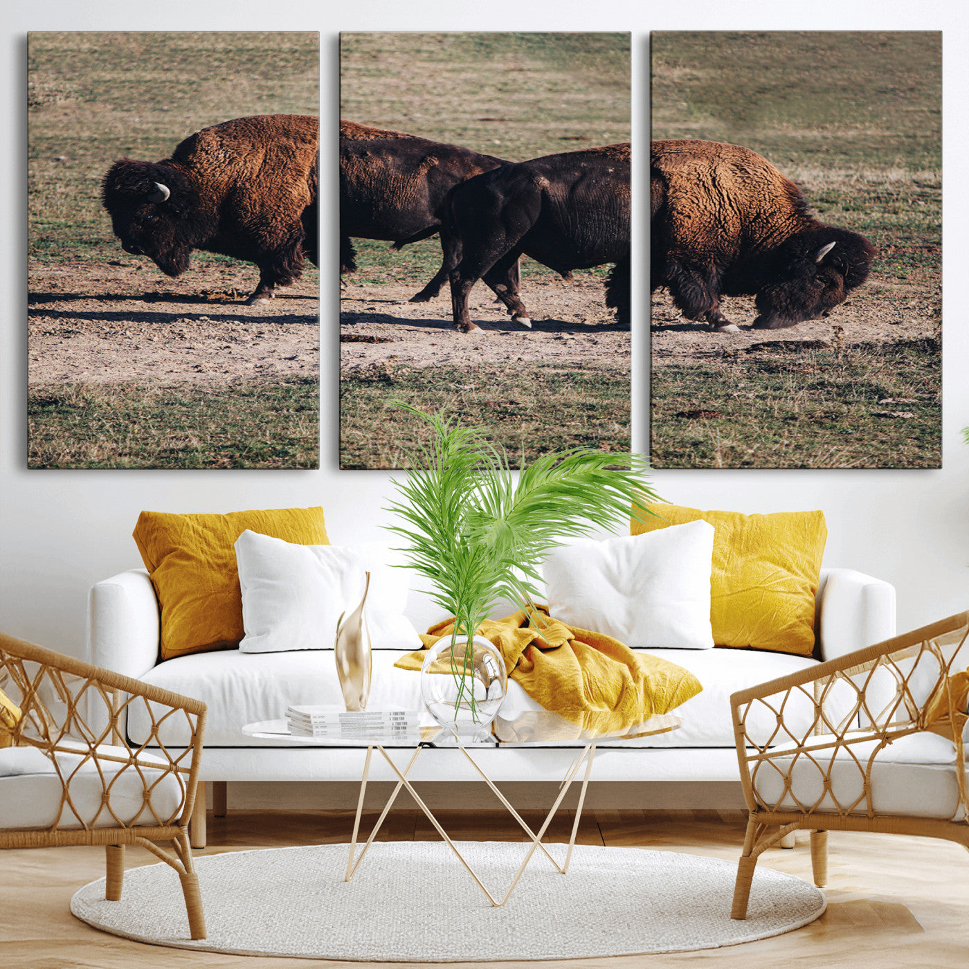 58141885-MGV-CV-36X24-Bison Wall Art Canvas Print – Framed Western Wildlife Modern Ranch Rustic Nature Scene Artwork for Home Office