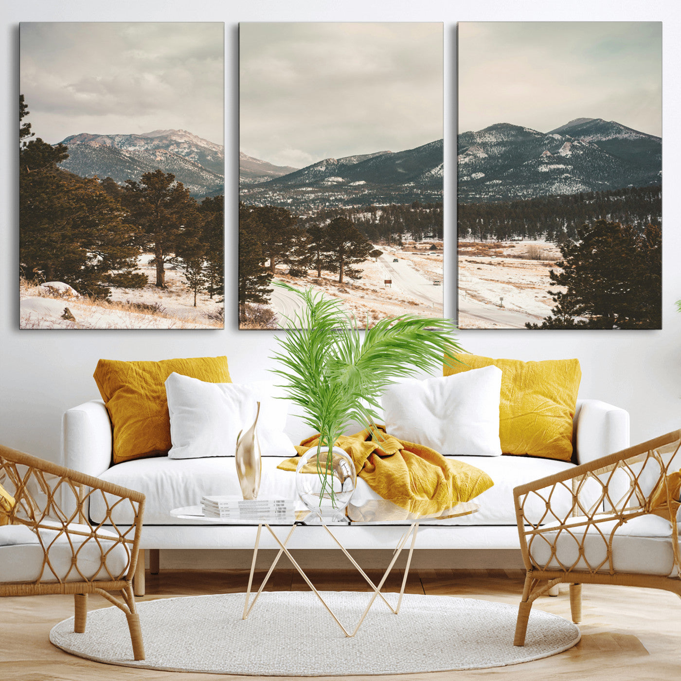 -Mountain Landscape Wall Art Canvas Print – Framed Snowy Peaks Alpine Aesthetic Rustic Winter Scene Artwork for Home Office