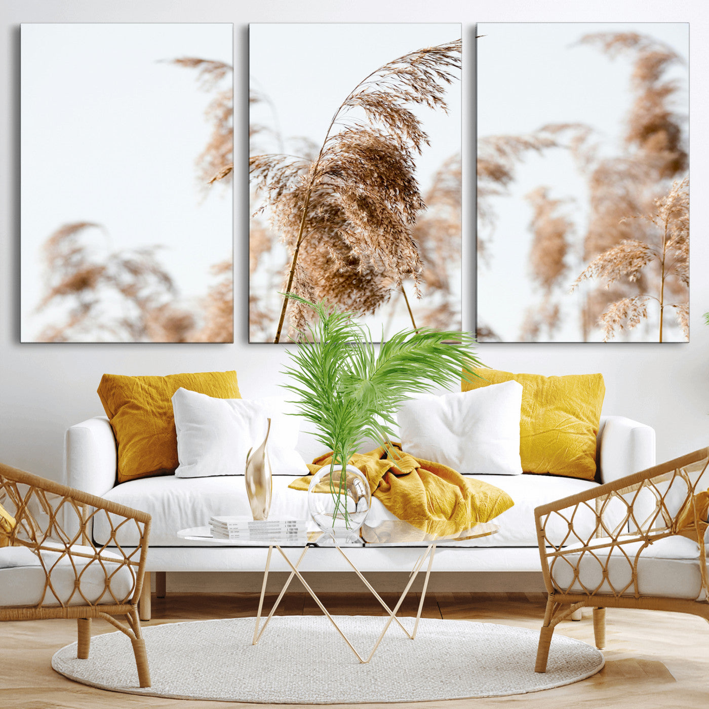 -Pampas Grass Wall Art Canvas Print – Framed Neutral Tones Minimalist Nature Boho Scene Artwork for Home Office