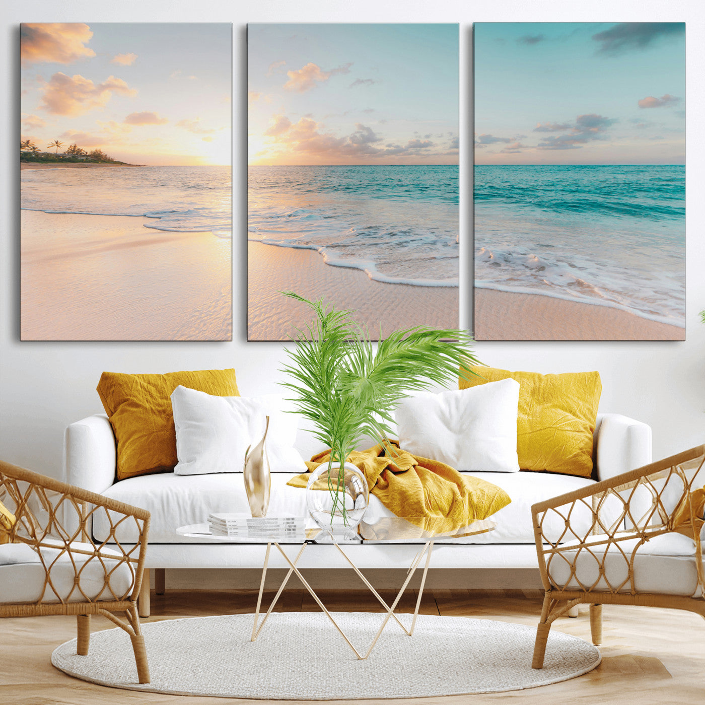 -Beach Sunset Wall Art Canvas Print – Framed Ocean Waves Summer Escape Coastal Nature Scene Artwork for Home Office