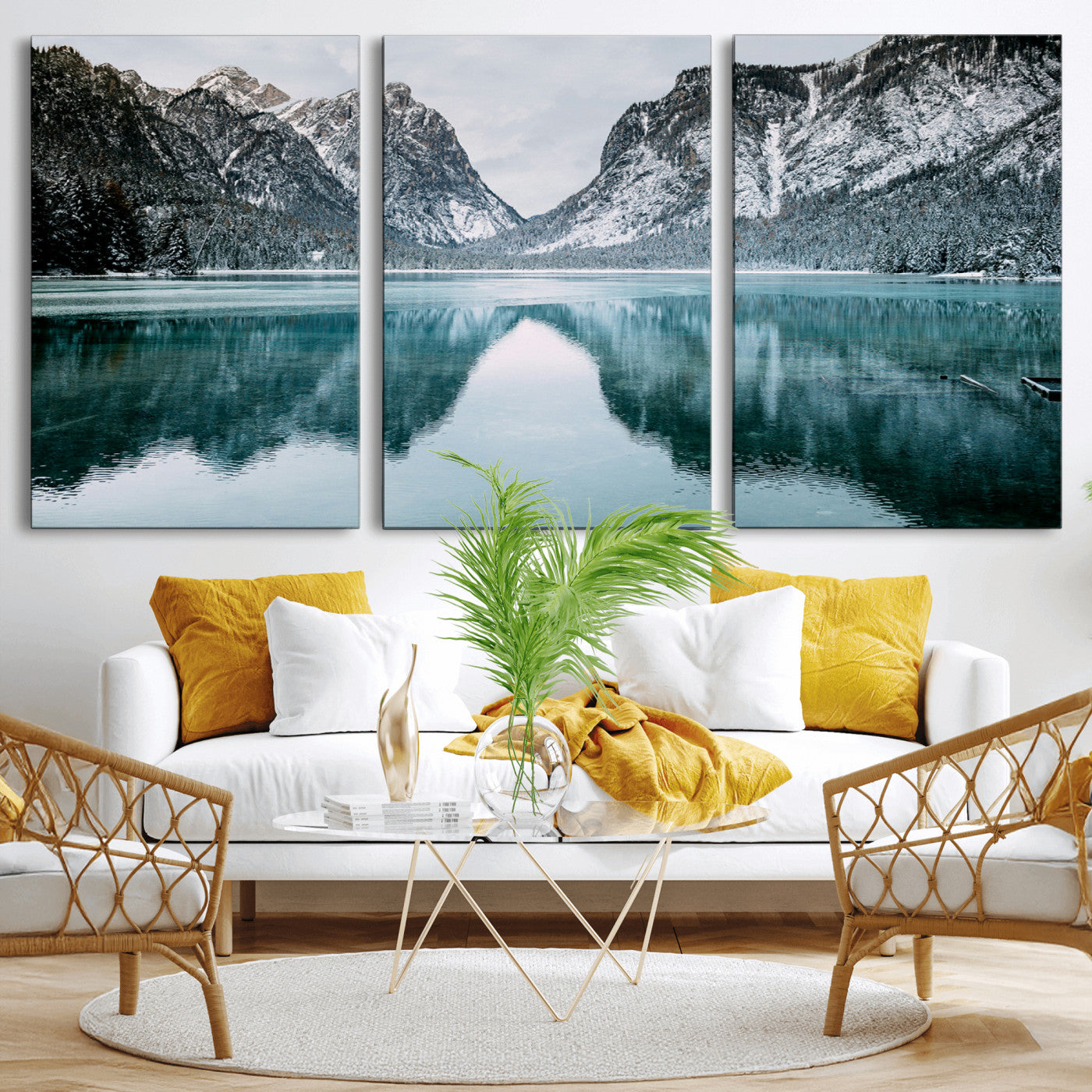 73098373-MGV-CV-36X24-Mountain Lake Wall Art Canvas Print – Framed Snowy Peaks Wonderland Nature Scene Artwork for Home Office