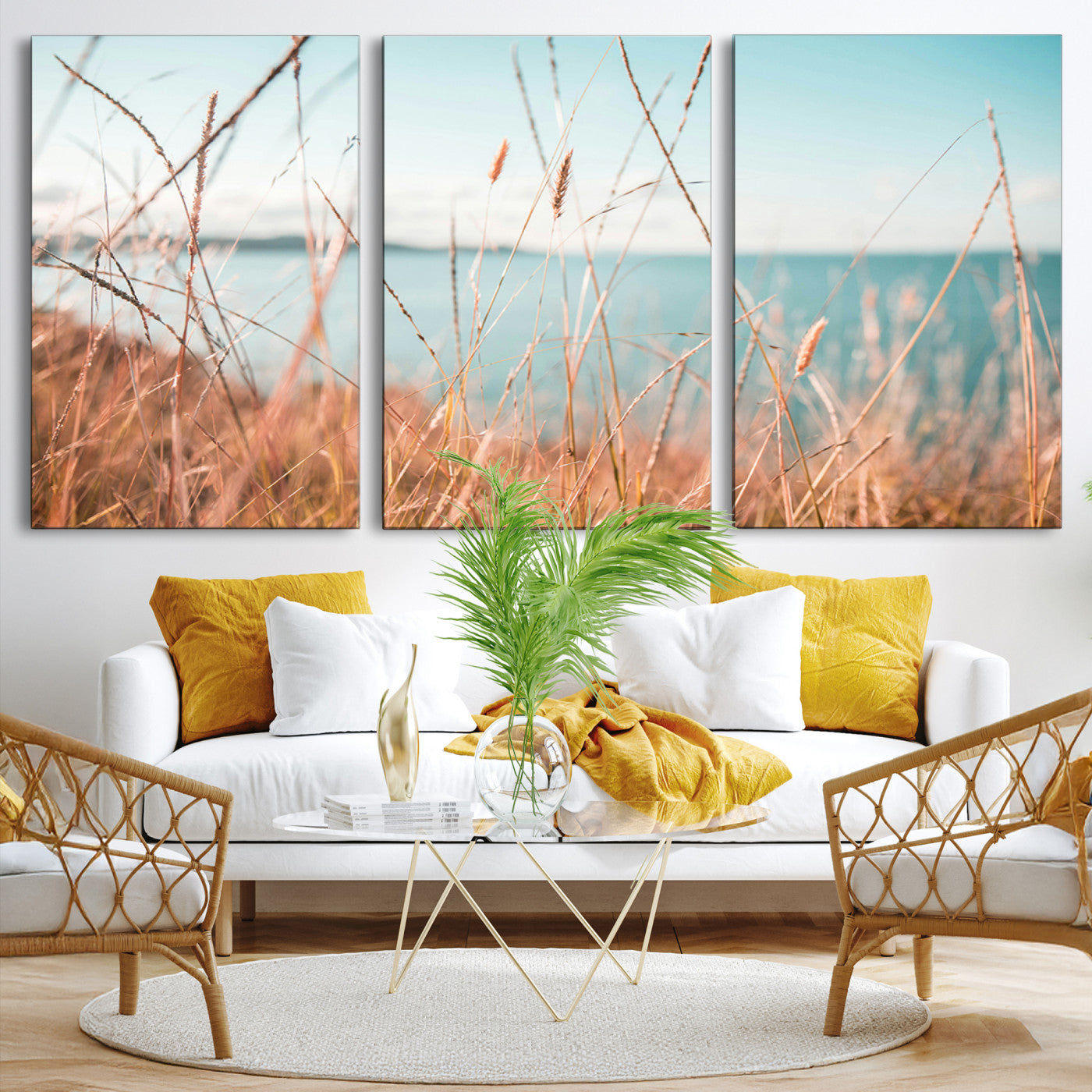 36108696-MGV-CV-36X24-Coastal Grass Landscape Wall Art Canvas Print – Golden Shoreline Nature Scene Serene Ocean View Artwork for Home Office