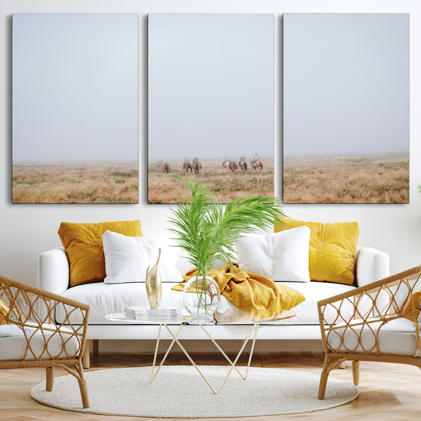 14761944-MGV-CV-36X24-Foggy Plains Wall Art Canvas Print – Framed Horseback Riders Rustic Western Landscape Scene Artwork for Home Office
