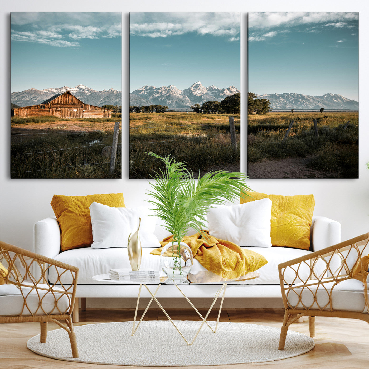 92497443-MGV-CV-36X24-Rustic Farmhouse Wall Art Canvas Print – Framed Mountain Cabin Western Landscape Scene Artwork for Home Office