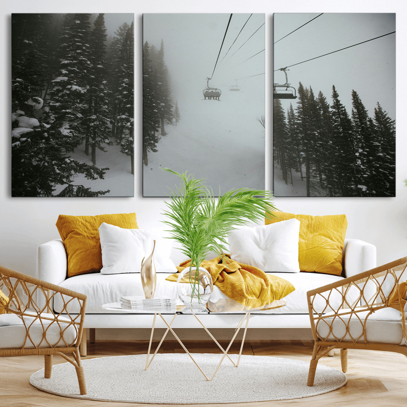 -Ski Lift Wall Art Canvas Print – Snowy Pines Misty Landscape Winter Serenity Artwork for Home, Office Decor