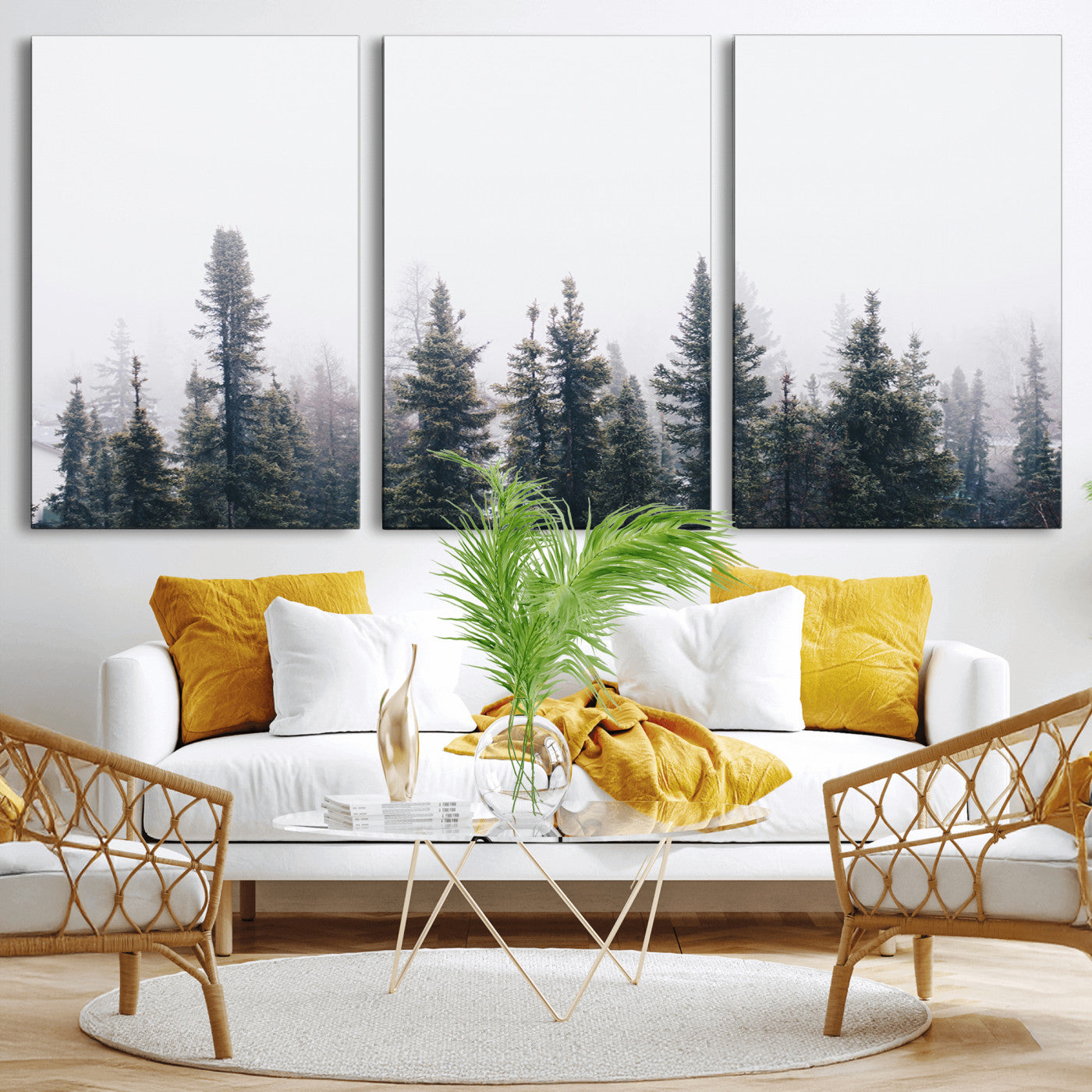 -Foggy Forest Wall Art Canvas Print – Framed Misty Pines Moody Woodland Nature Scene Artwork for Home Office
