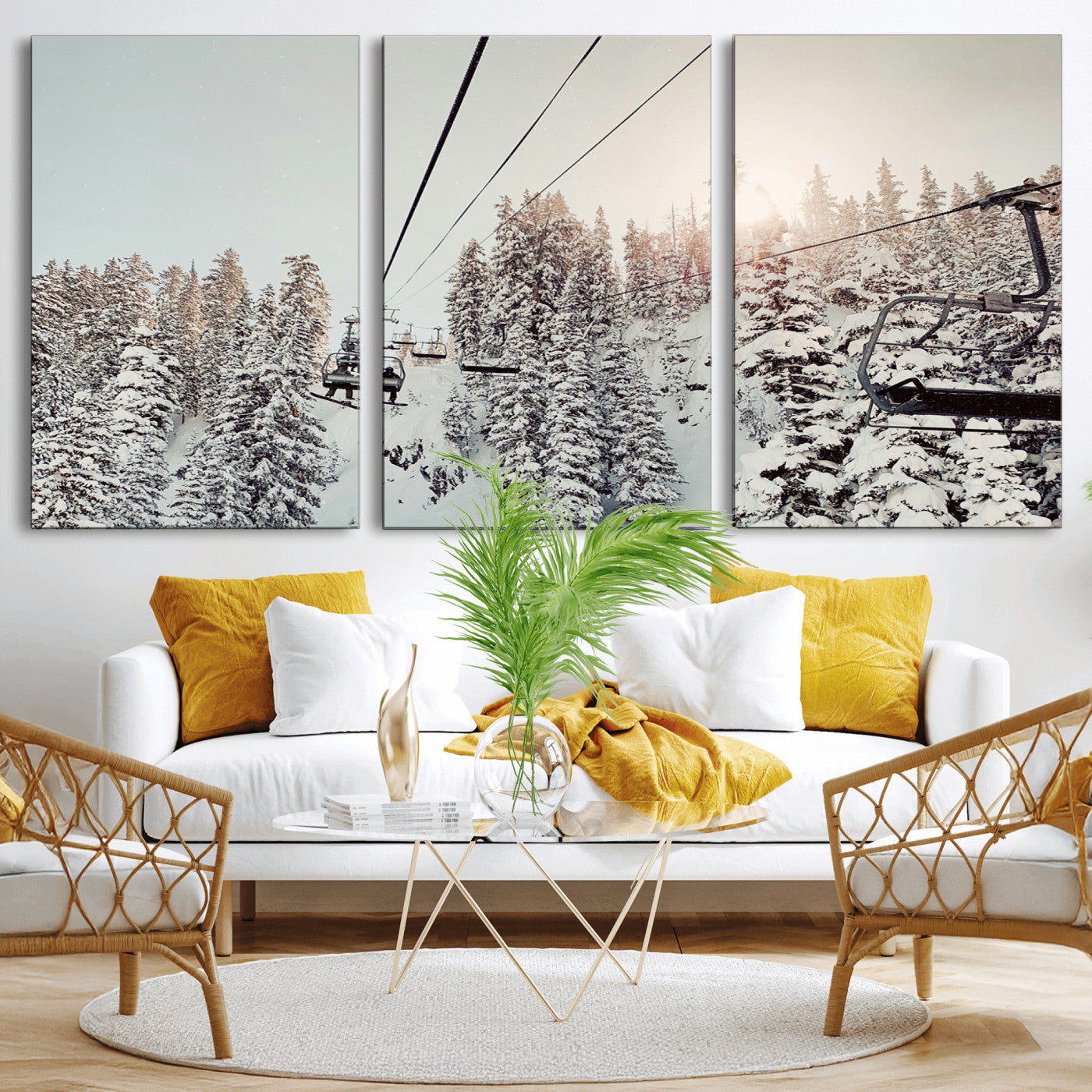 91534512-MGV-CV-36X24-Frosty Pines Wall Art Canvas Print – Framed Cozy Cabin Ski Lift Ride Winter Scene Artwork for Home Office