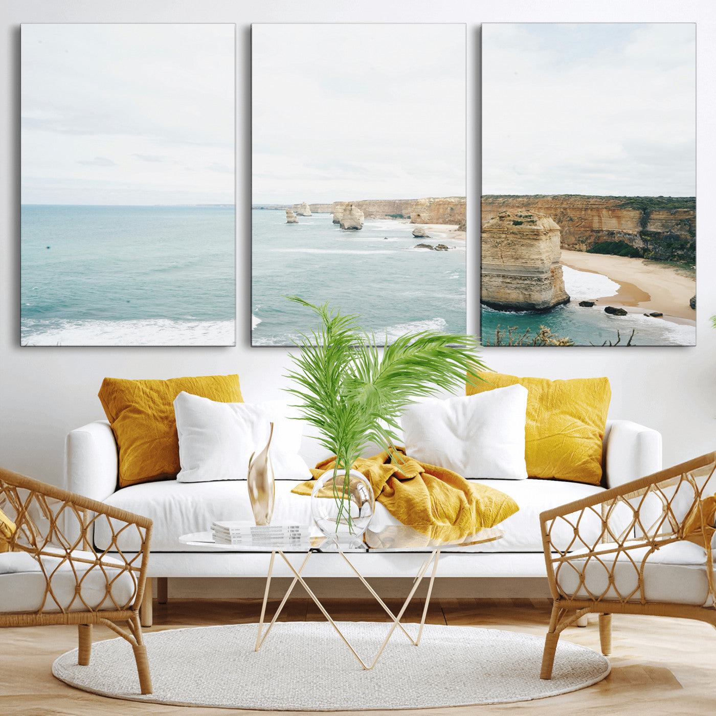 70095633-MGV-CV-36X24-Twelve Apostles Wall Art Canvas Print – Framed Coastal Cliffs Rugged Rock Formations Artwork for Home Office