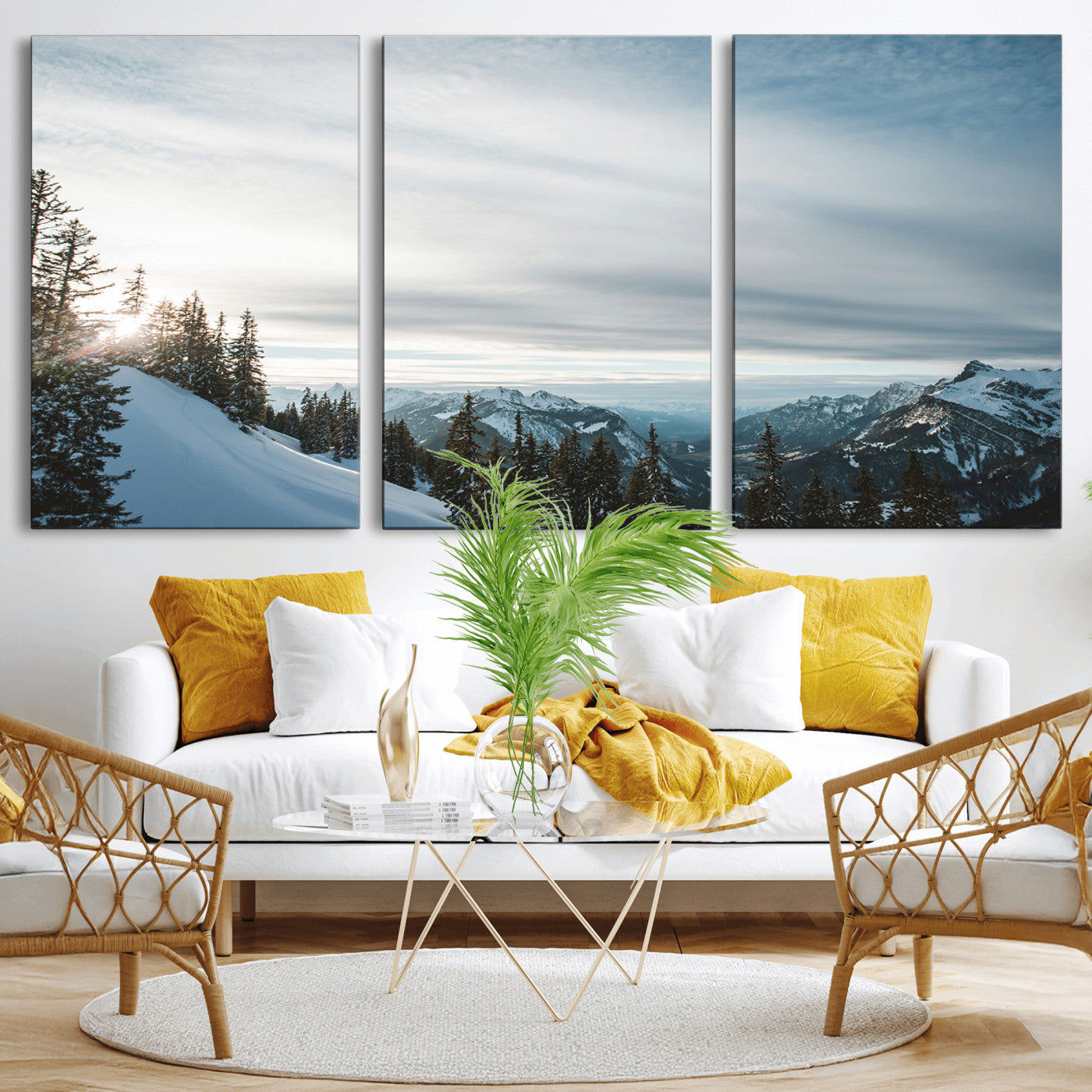 55564749-MGV-CV-36X24-Snowy Mountains Wall Art Canvas Print – Framed Alpine Landscape Frosty Peaks Nordic Minimalist Nature Artwork for Home, Office