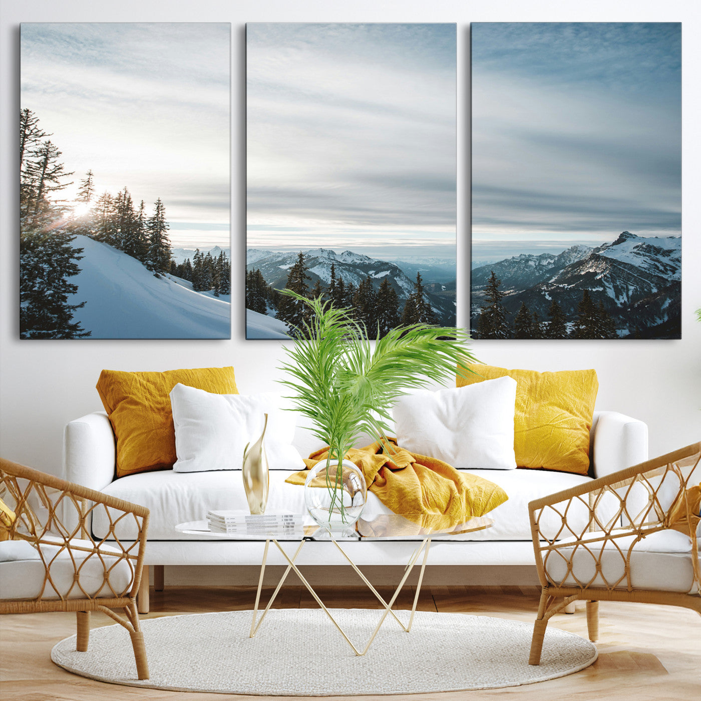 55564749-MGV-CV-36X24-Snowy Mountain Wall Art Canvas Print – Frosty Peaks Alpine Landscape Winter Sky Nature Photography Artwork for Home Office