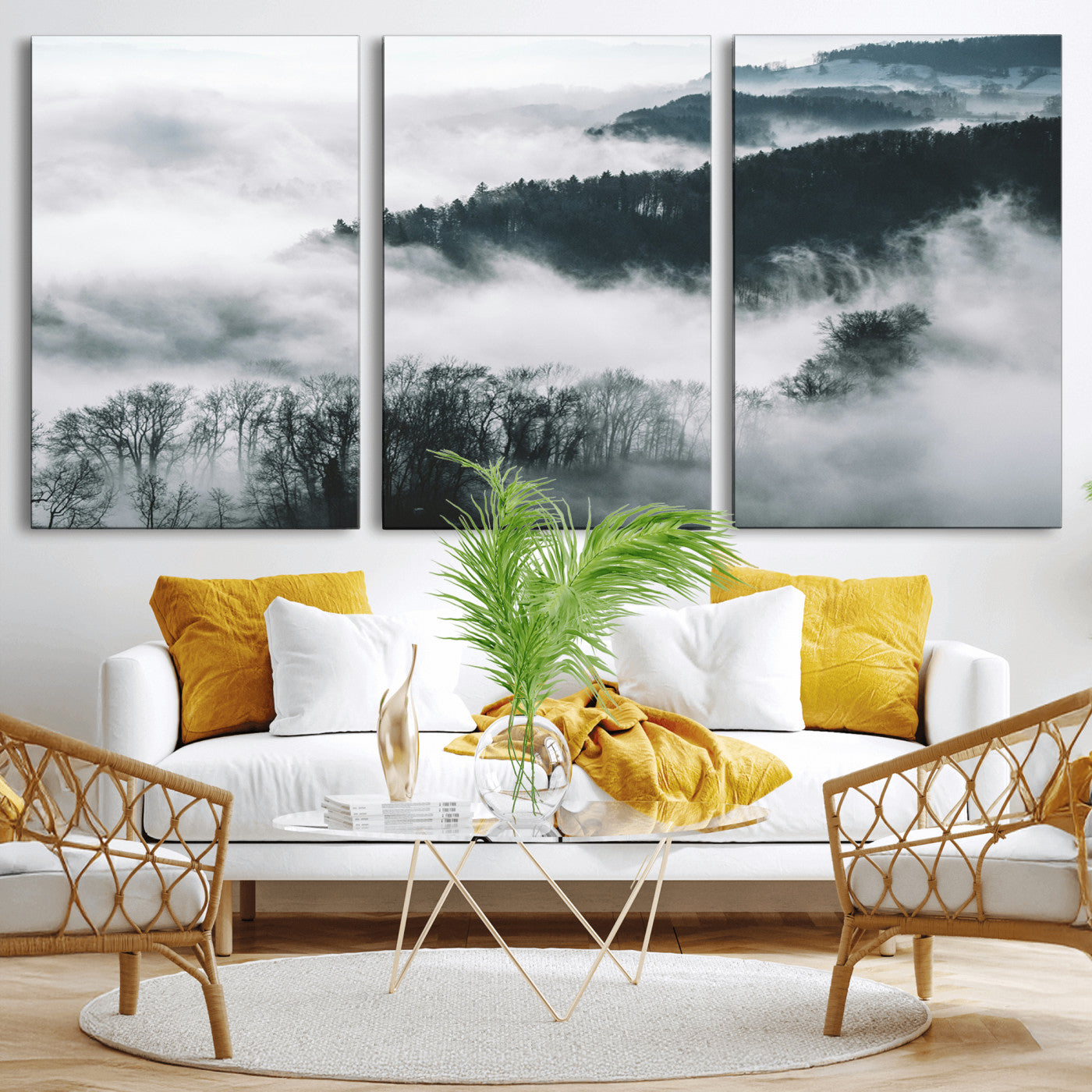 67569654-MGV-CV-36X24-Foggy Forest Landscape Wall Art Canvas Print – Misty Mountain Valley Scene Monochrome Tones Nature Artwork for Home Office