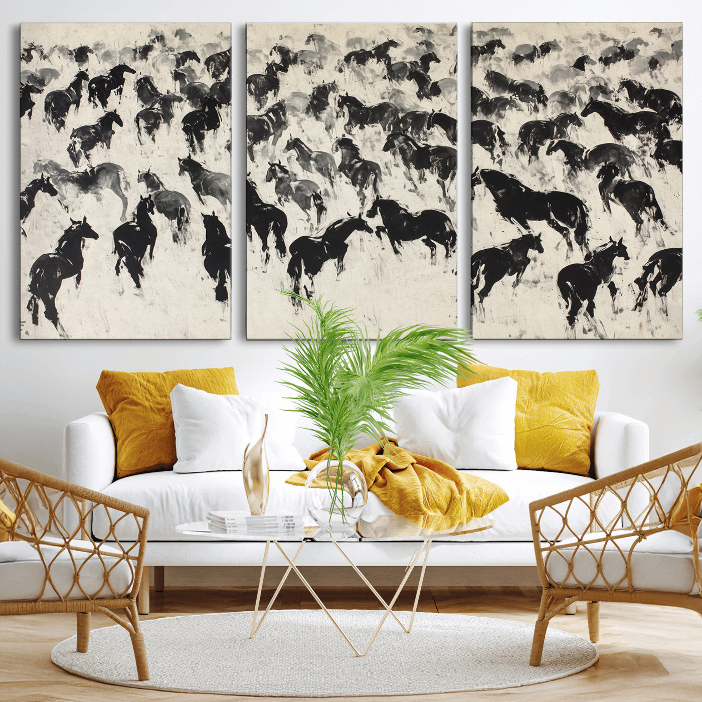 29265745-MGV-CV-60X30-3P-Wild Horse Stampede Wall Art Canvas Print – Monochrome Running Horses Dynamic Motion Elegant Scene Artwork for Home, Office