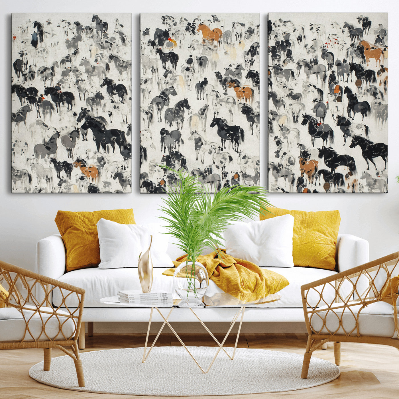 56463722-MGV-CV-36X24-Wild Horse Stampede Wall Art Canvas Print – Monochrome Running Horses Dynamic Motion Elegant Scene Artwork for Home, Office