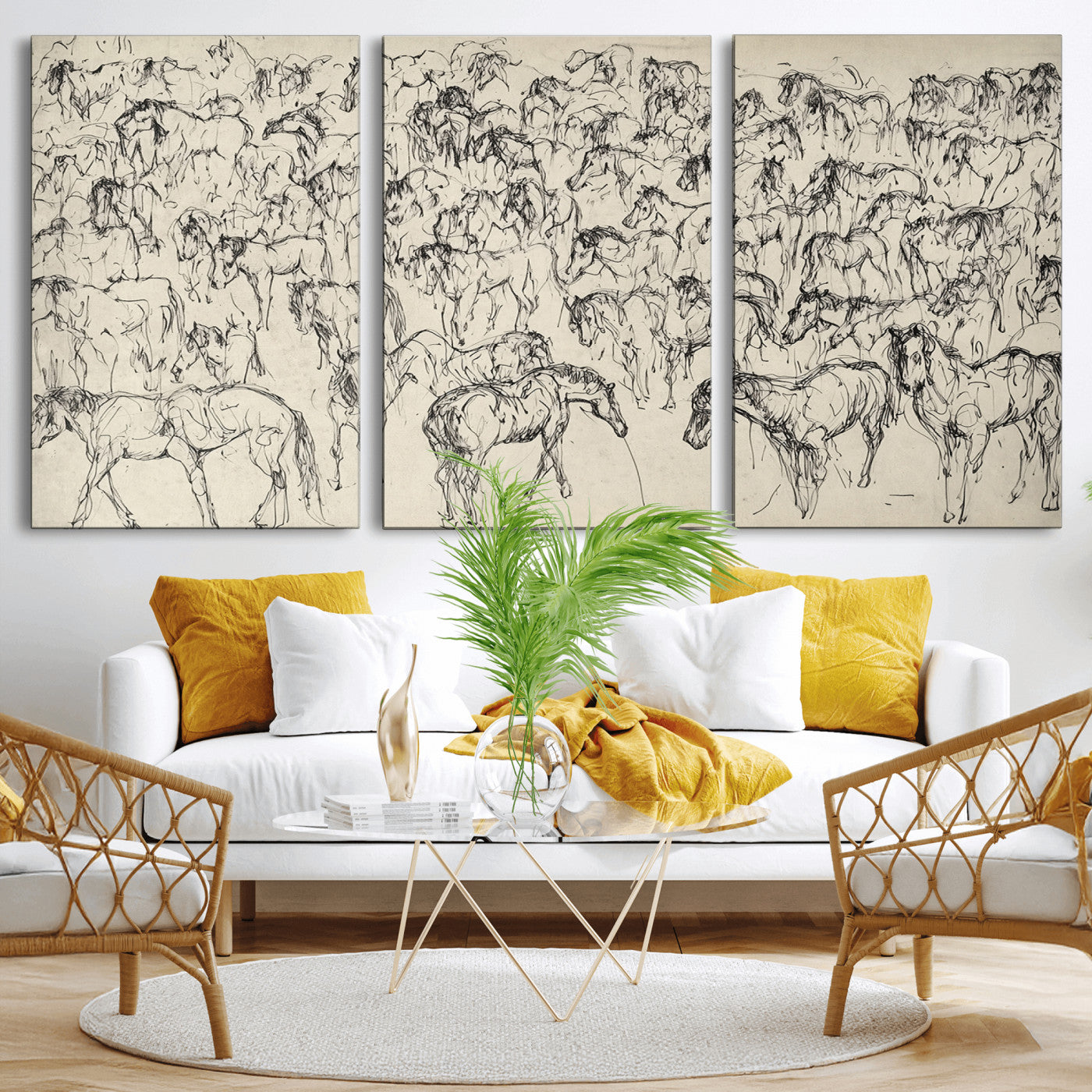 86653927-MGV-CV-36X24-Wild Horse Stampede Wall Art Canvas Print – Monochrome Running Horses Dynamic Motion Elegant Artwork for Home, Office