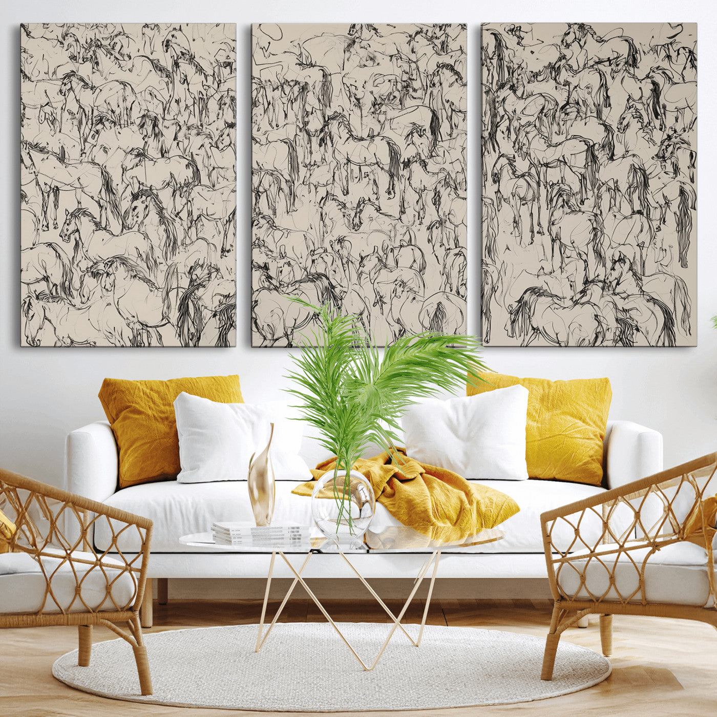 12358908-MGV-CV-36X24-Wild Horse Stampede Wall Art Canvas Print – Monochrome Running Horses Dynamic Motion Elegant Artwork for Home, Office