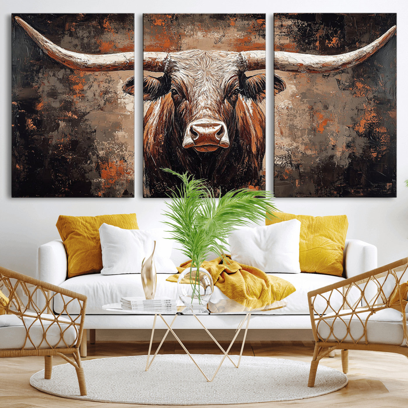 42732393-MGV-CV-36X24-Rustic Longhorn Bull Wall Art Canvas Print – Vintage Western Cattle Scene, Texas Steer Artwork for Home, Office