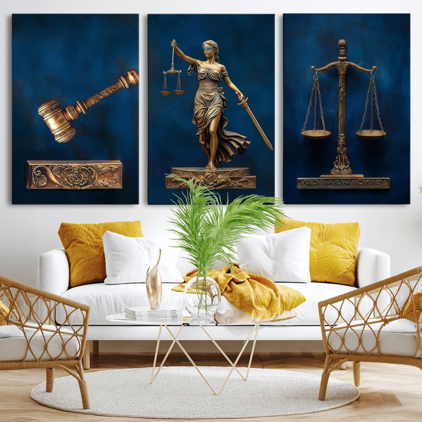 -Lady Justice Wall Art Canvas Print – Elegant Gold Legal Symbols Blue Background Artwork for Home, Office, Living Room