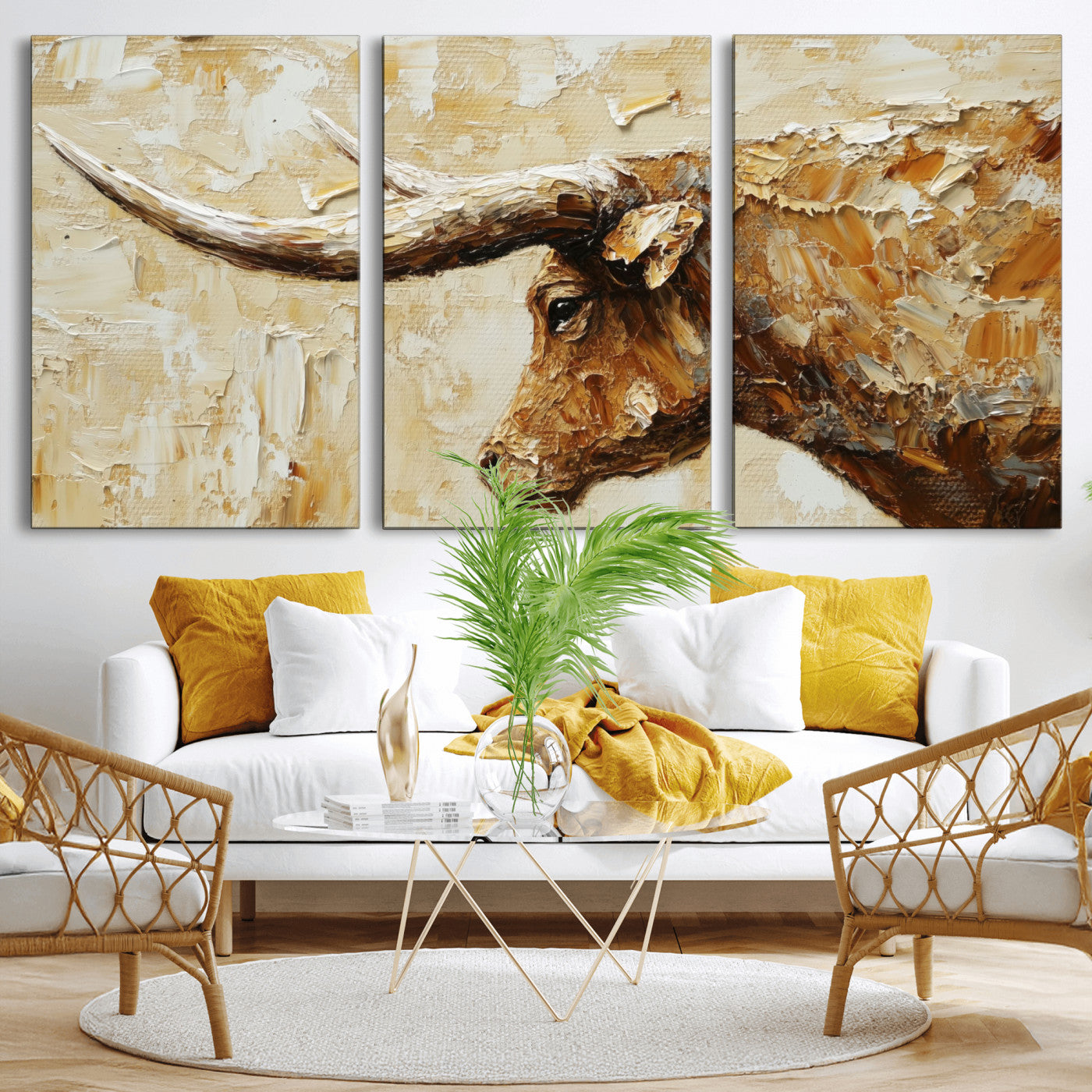 69611428-MGV-CV-36X24 - Rustic Longhorn Bull Wall Art Canvas Print – Vintage Western Cattle Painting, Texas Abstract Wall Cow Prints