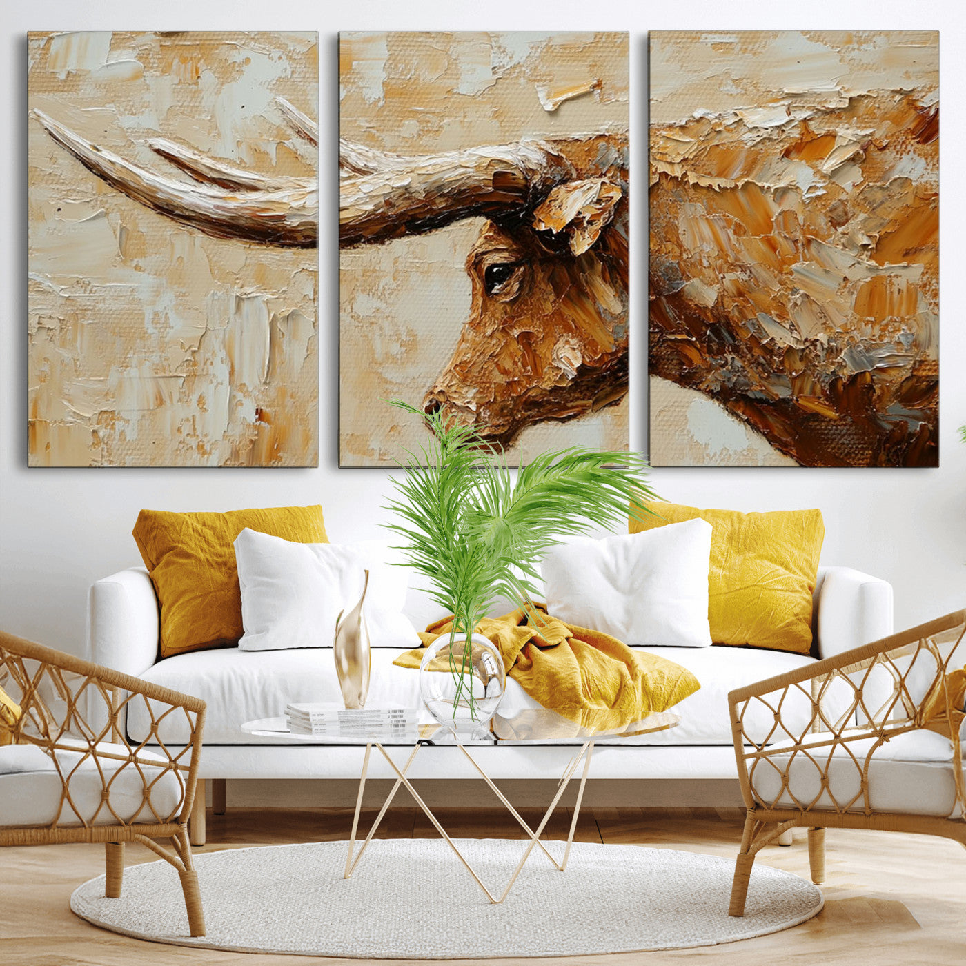 69611428-MGV-CV-36X24-Rustic Longhorn Bull Wall Art Canvas Print – Vintage Western Cattle Texas Steer Scene Artwork for home, office