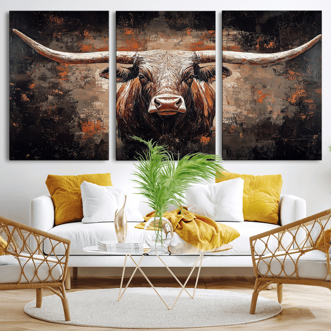 24779067-MGV-CV-36X24-Rustic Longhorn Bull Wall Art Canvas Print – Vintage Western Cattle Scene, Texas Steer Artwork for Home, Office