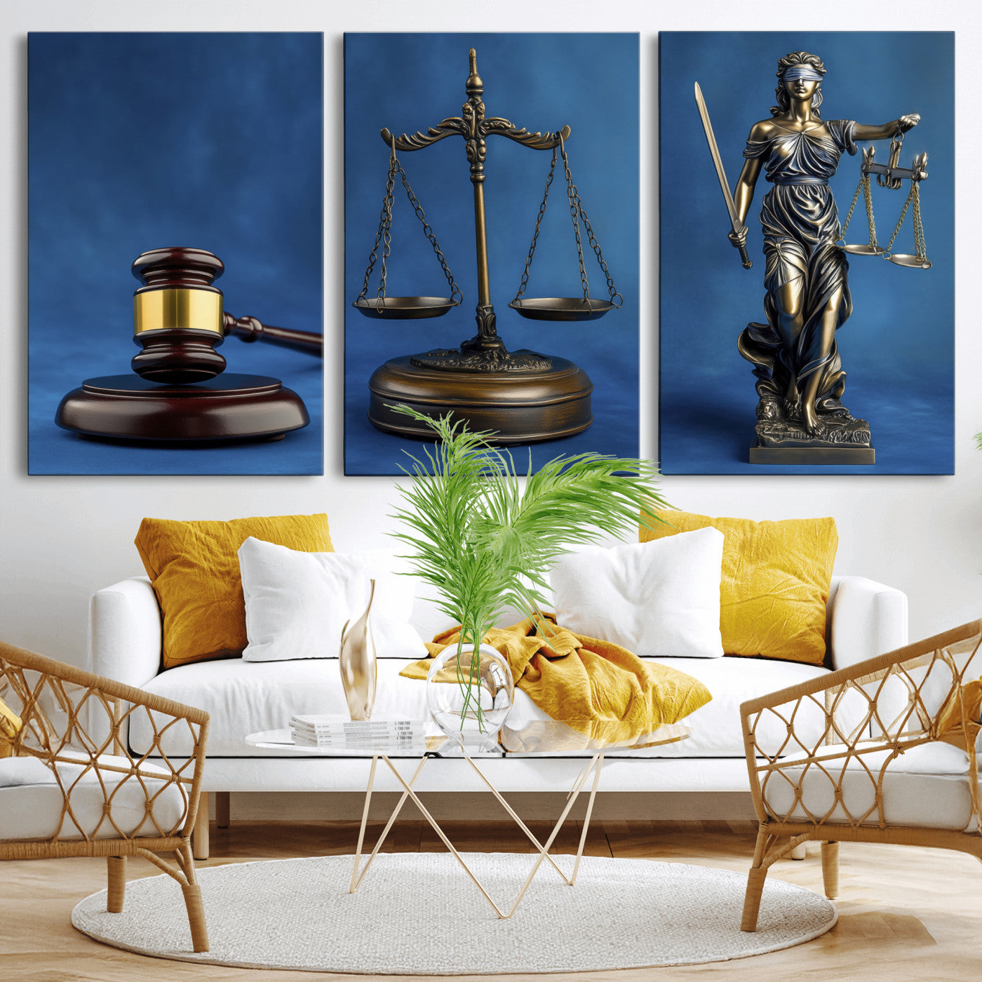 27565987-MGV-CV-60X30-3P - Legal Justice Wall Art Canvas – Gavel, Scales & Lady Justice with Courtroom Canvas Print for Law Office or Lawyer Gifts