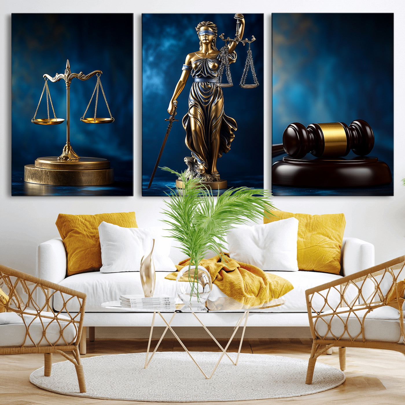 33888279-MGV-FP-36X24-3P_Walnut-Lady Justice Wall Art Canvas Print – Elegant Gold Legal Symbols Blue Background, Perfect for Law