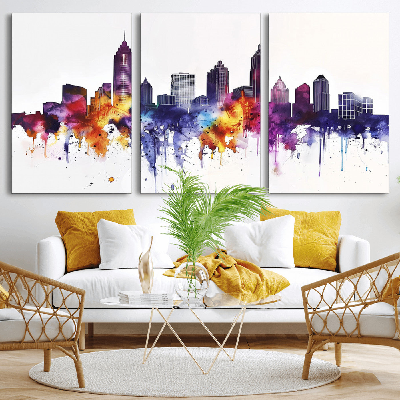 34479880-MGV-CV-36X24-Atlanta Skyline Wall Art Canvas Print – Framed Colorful Watercolor Cityscape Artwork for Home, Office, Living Room