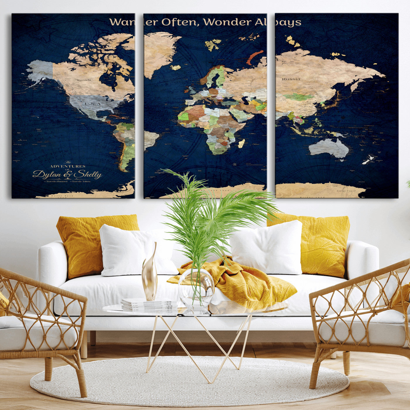 Rehber01-MGV-CV-36X24-Personalized World Map Canvas – Custom Framed Push Pin Travel Map Wall Art, Navy Blue Vintage Gift for Couples and Adventurers