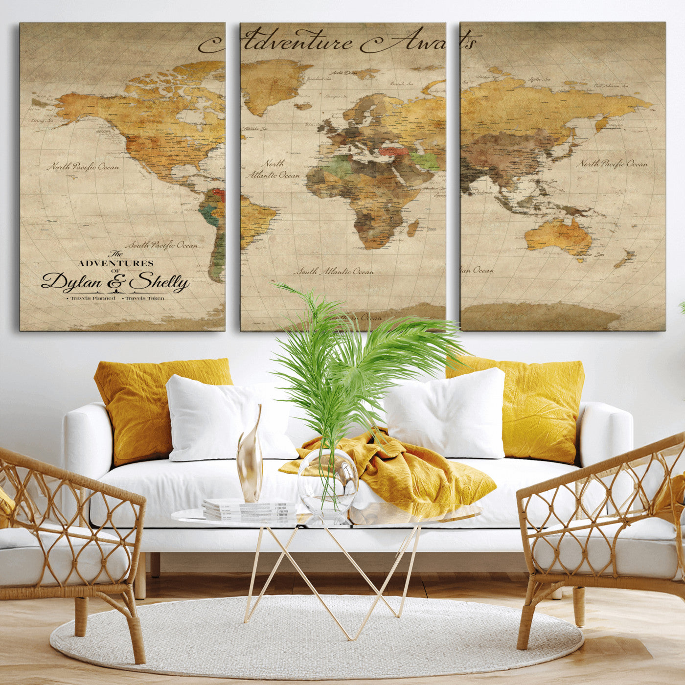 Rehber01-MGV-CV-36X24-Personalized World Map Canvas – Custom Framed Push Pin Travel Map Wall Art, Rustic Vintage Gift for Couples and Travel Lovers