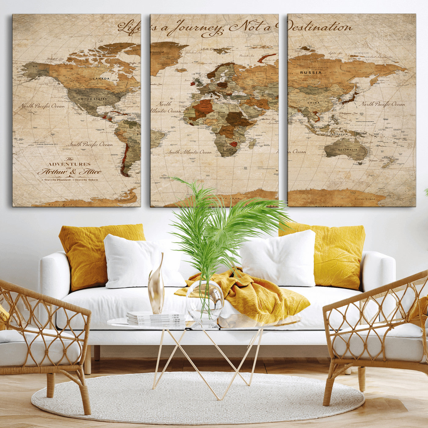 Rehber01-MGV-CV-36X24-Personalized Vintage World Map Canvas – Custom Framed Push Pin Travel Map Wall Art, Rustic Gift for Couples and Travel Lovers
