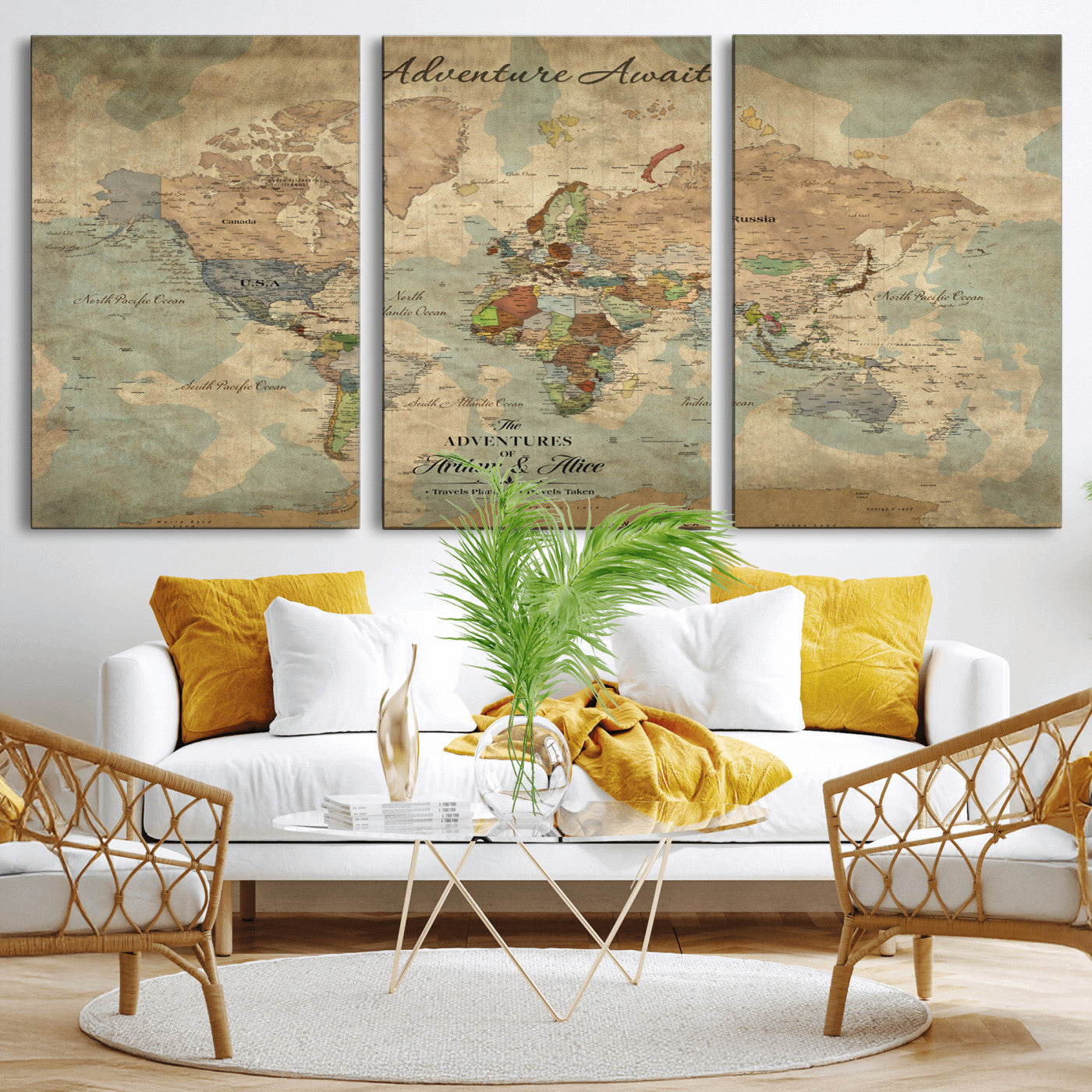 Rehber01-MGV-CV-36X24-Personalized Vintage World Map Canvas Print – Custom Push Pin Travel Map Antique Style Gift for Couples Travelers for Home Office