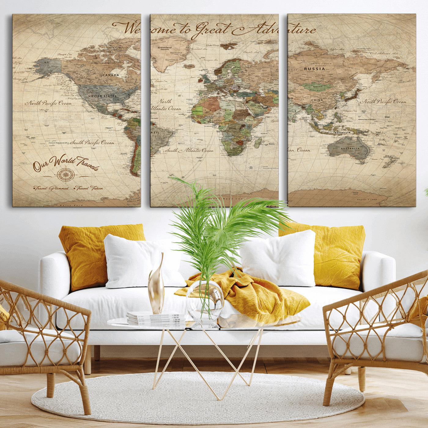 -Personalized Antique World Map Canvas Print – Custom Push Pin Travel Tracker Vintage Adventure Gift for Couples for Home, Office