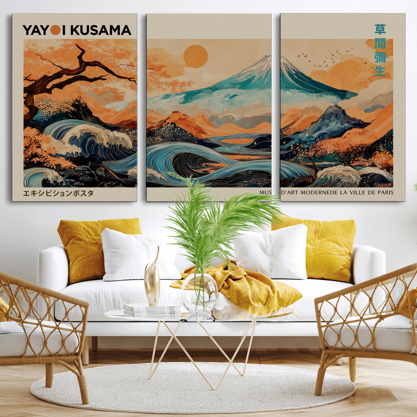 94085549-MGV-CV-36X24 - Yayoi Kusama Japanese Landscape Wall Art Canvas Print – Modern Abstract Mount Fuji Wall Art - Japanese Waves & Autumn Trees Print