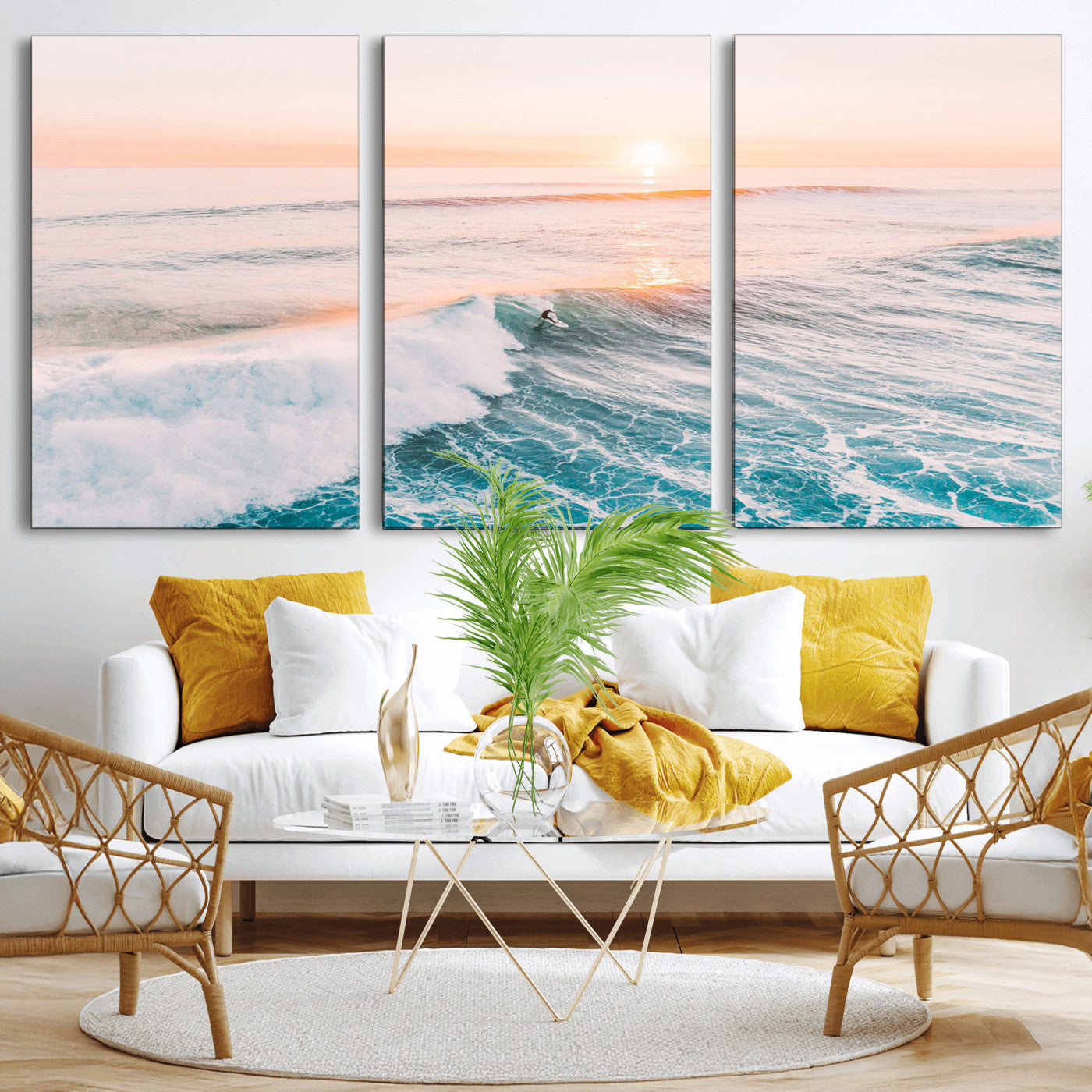 34064591-MGV-CV-36X24 - Sunset Surfing Wall Art Canvas Print, Ocean Wave Surfer with Golden Sky Artwork for Home, Office, Living Room