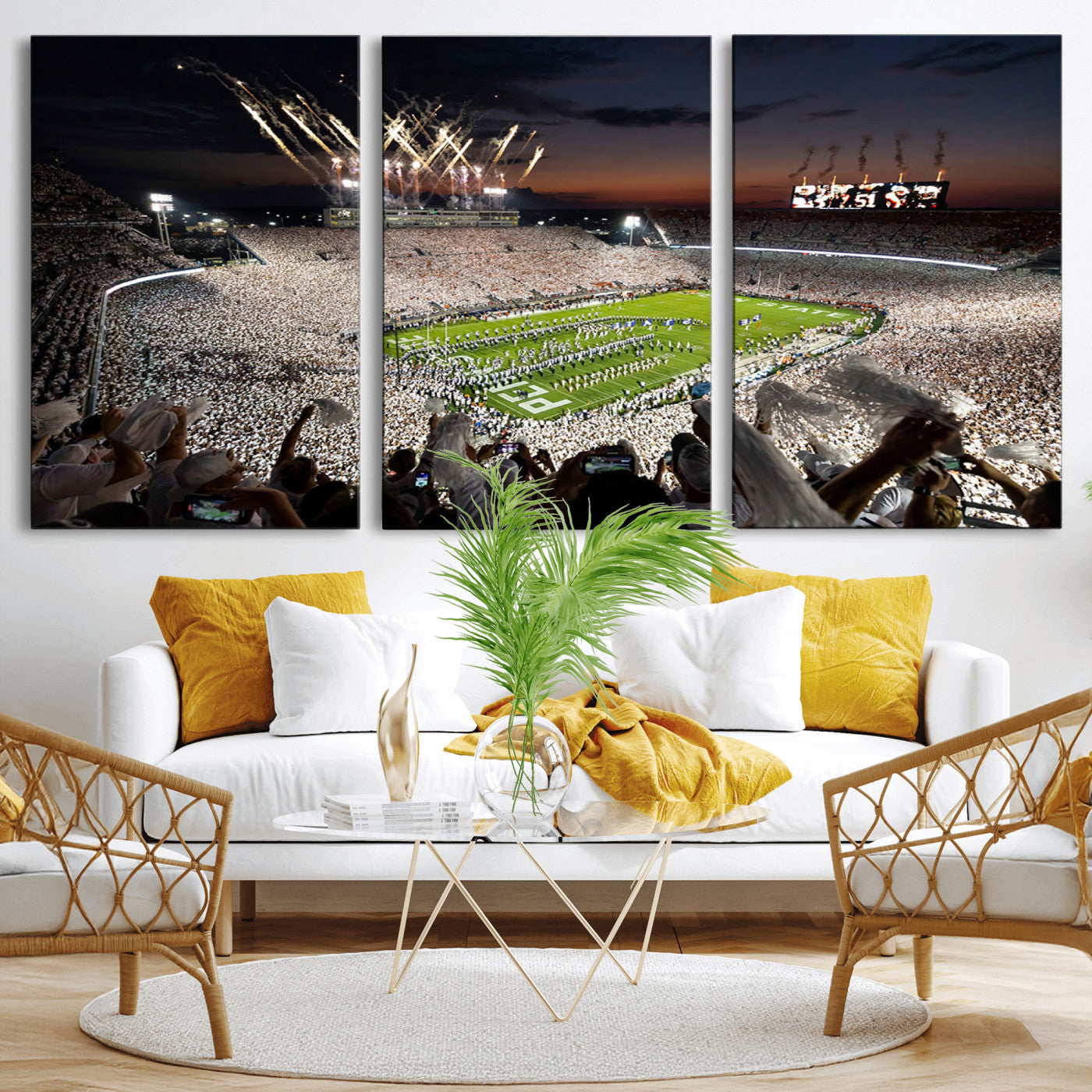 11221988-MGV-CV-60X30-3P - Epic Night Football Stadium Wall Art Canvas Print, Fireworks and Crowd Energy Game Day Excitement Decor for Home, Office