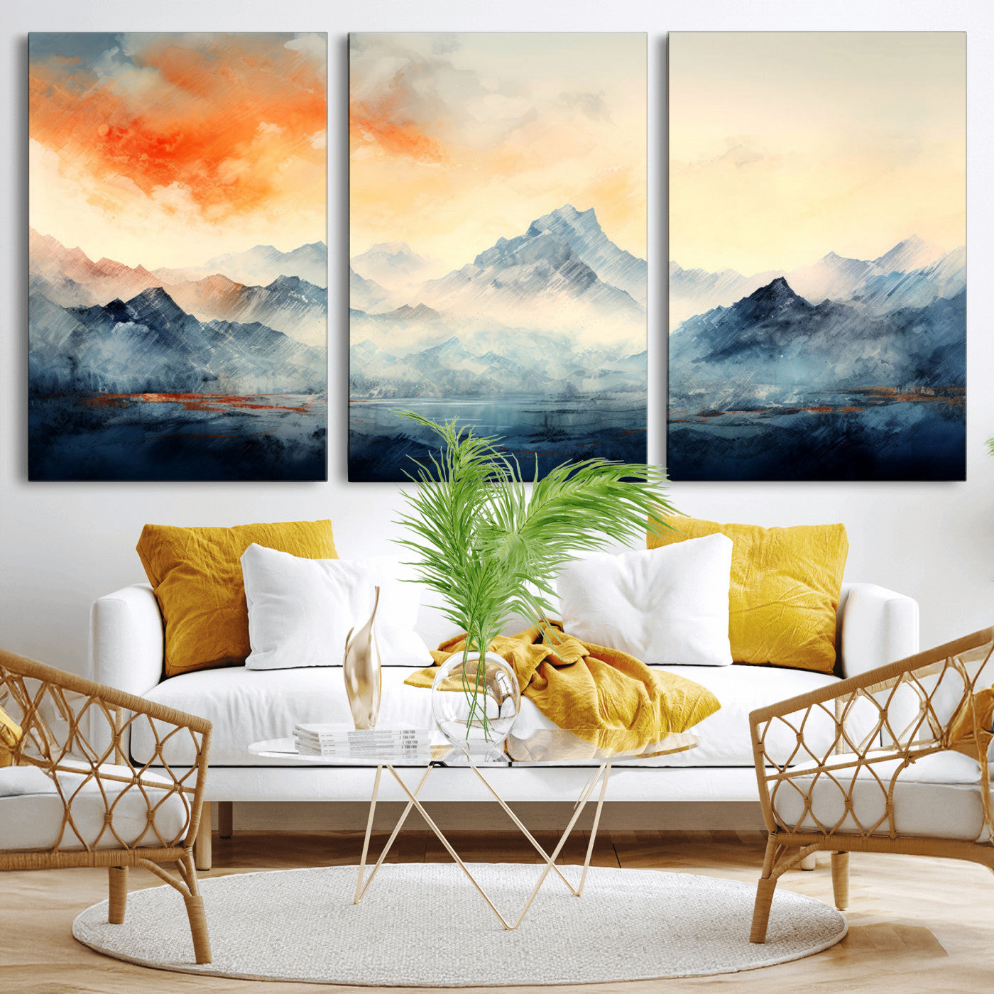 WRM1005-MGV-CV-60X30-3P - Warm Clouds Abstract Mountain Wall Art, Modern Landscape Canvas Print, Minimal Framed Artwork for Home, Office