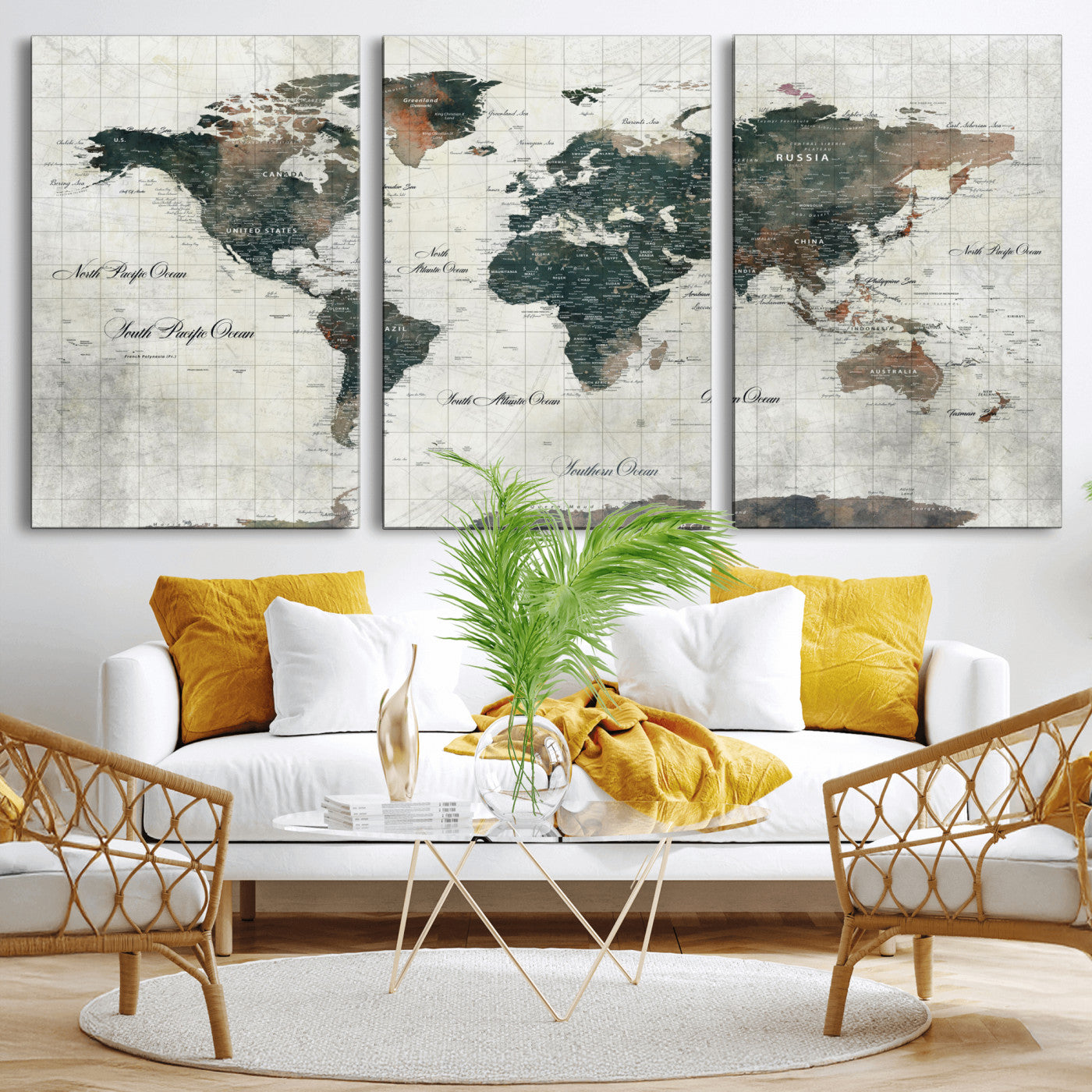 90149079-MGV-CV-60X30-3P - World Map Wall Art Canvas Print, Modern Decorative Framed Map Artwork Prints for Living Room, Office, Bedroom Wall Decor
