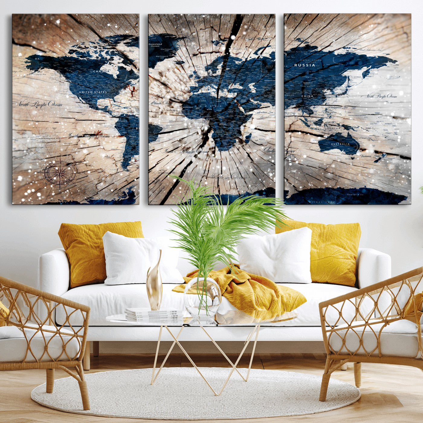 99001695-MGV-CV-60X30-3P - World Map Wall Art Canvas Print, Modern Decorative Framed Map Artwork Prints for Living Room, Office, Bedroom Wall Decor