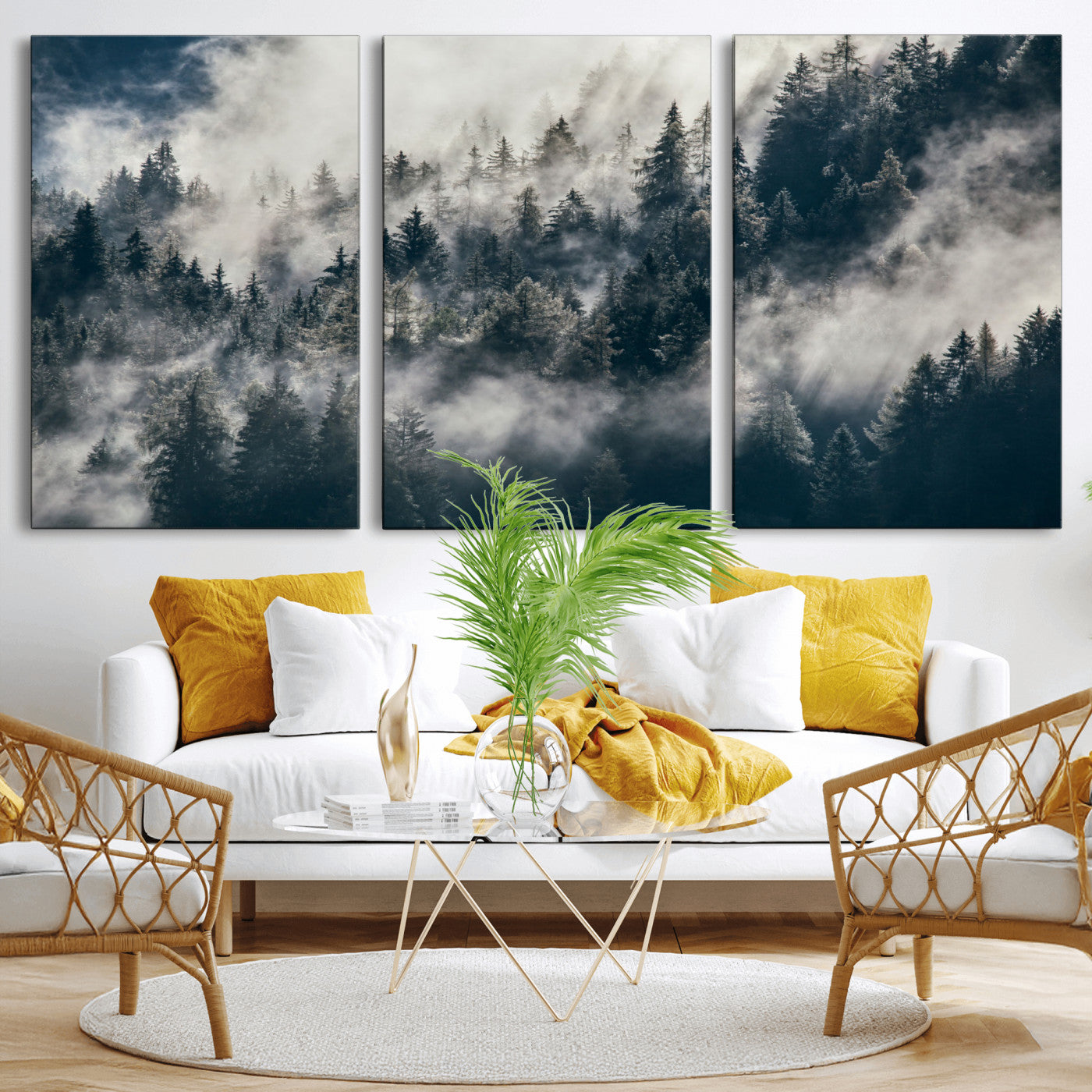 270372951-MGV-CV-60X30-3P - Misty Pine Forest Canvas Wall Art – Dark Forest Mountaing and Nature Landscape Print, Horizontal Canvas Print