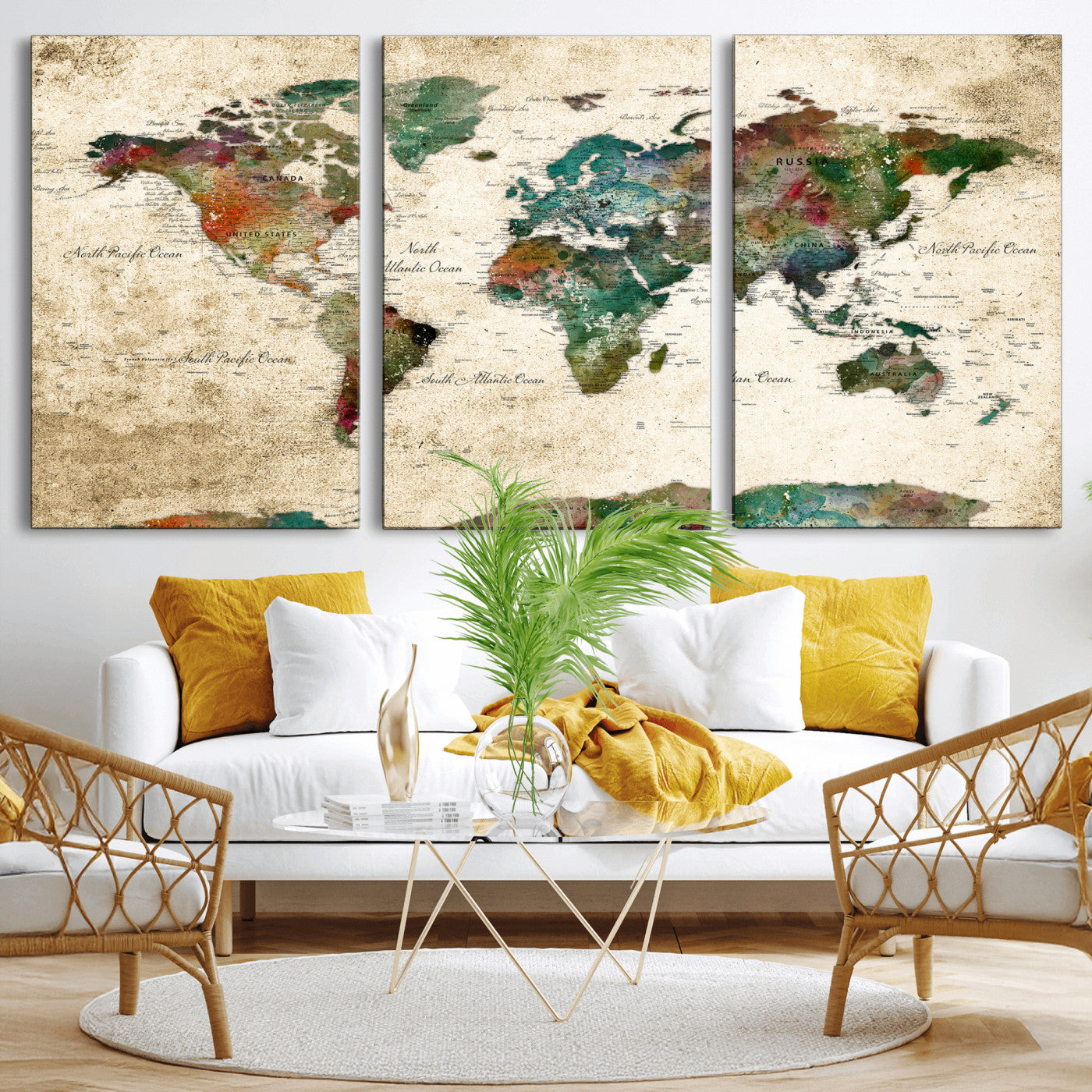 87544591-MGV-CV-36X24 - World Map Wall Art Canvas Print, Modern Decorative Framed Map Artwork Prints for Living Room, Office, Bedroom Wall Decor