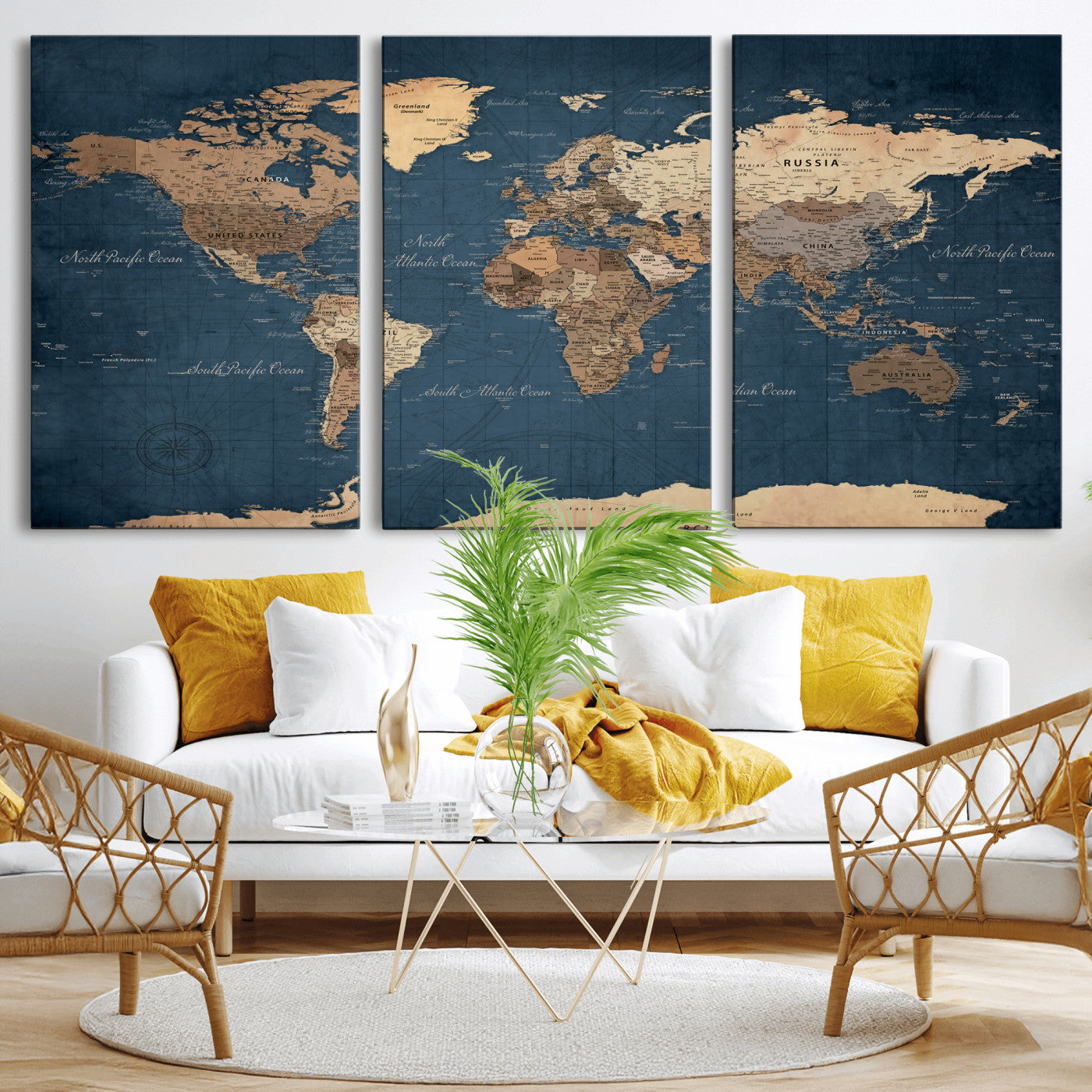 69886352-MGV-CV-36X24 - World Map Wall Art Canvas Print, Modern Decorative Framed Map Artwork Prints for Living Room, Office, Bedroom Wall Decor