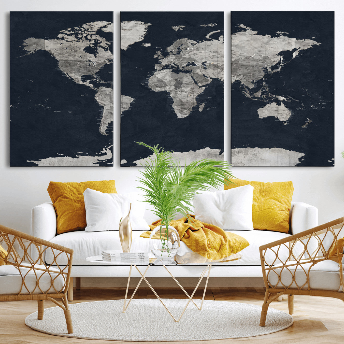 53886659-MGV-CV-36X24 - World Map Wall Art Canvas Print, Modern Decorative Framed Map Artwork Prints for Living Room, Office, Bedroom Wall Decor