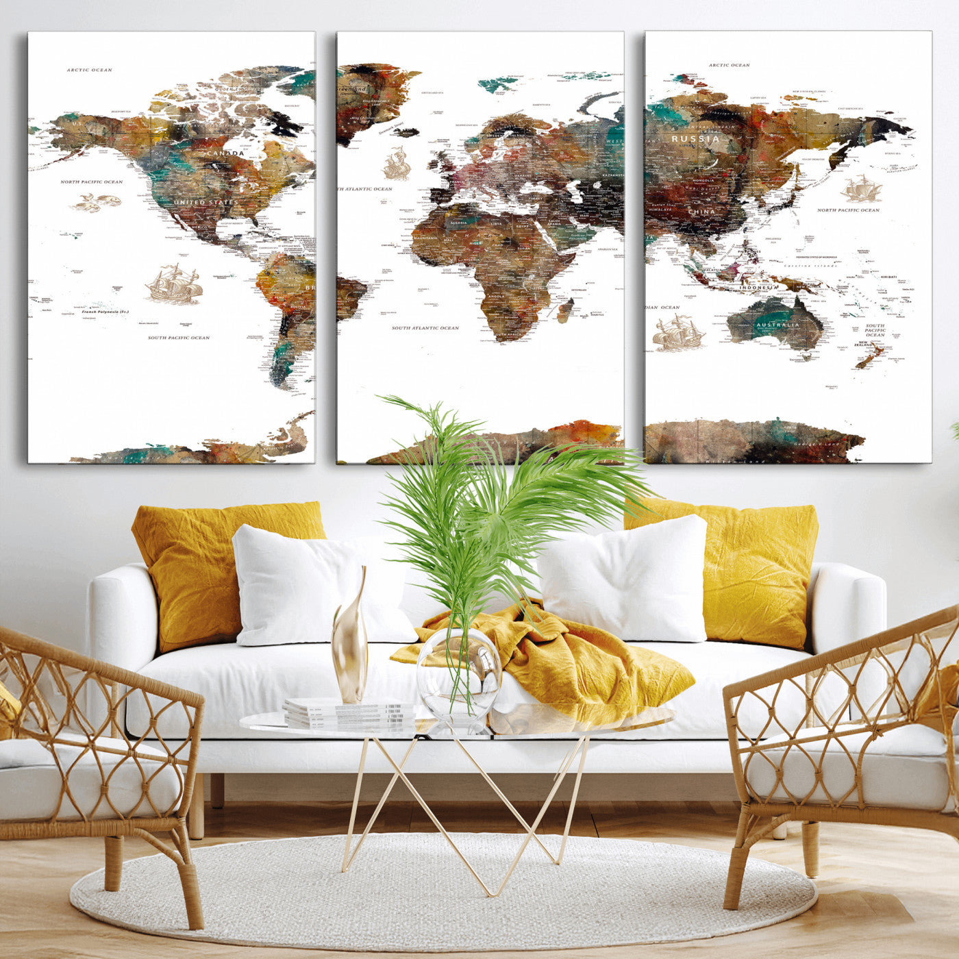 82293175-MGV-CV-36X24 - World Map Wall Art Canvas Print, Modern Decorative Framed Map Artwork Prints for Living Room, Office, Bedroom Wall Decor